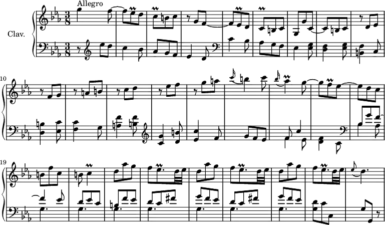 \version "2.18.2"
\header {
  tagline = ##f
  % composer = "Domenico Scarlatti"
  % opus = "K. 226"
  % meter = "Allegro"
}
%% les petites notes
trillEesq      = { \tag #'print { ees8\prall } \tag #'midi { f32 ees f ees } }
trillCq        = { \tag #'print { c8\prall } \tag #'midi { d32 c d c } }
trillAes       = { \tag #'print { aes4\prall } \tag #'midi { bes32 aes bes aes~ aes8 } }
trillFq        = { \tag #'print { f8\prall } \tag #'midi { g32 f g f } }
trillEesqp     = { \tag #'print { ees8.\prall } \tag #'midi { f32 ees f ees~ ees16 } }
trillC         = { \tag #'print { c4\prall } \tag #'midi { d32 c d c~ c8 } }
appoEesDp      = { \tag #'print { \appoggiatura ees8 d4. } \tag #'midi { ees4 d8 } }
upper = \relative c'' {
  \clef treble 
  \key c \minor
  \time 3/8
  \tempo 4. = 72
  \set Staff.midiInstrument = #"harpsichord"
  \override TupletBracket.bracket-visibility = ##f
      s8*0^\markup{Allegro}
      g'4 f8~ | f \trillEesq d8 | \trillCq b8 c | r8 g8 f~ | f \trillEesq d8 | \trillCq b8 c | g g' c,~ |
      % ms. 8
      c8 b c | r8 d8 ees | r8 f8 g | r8 a8 b| r8 c8 d | r8 ees8 f | r8 g8 a | \appoggiatura c16 b4  c8 |
      % ms. 16
      \appoggiatura bes16 \trillAes g8~ | g \trillFq ees8~ | ees d c | b f' c | b \trillC | \repeat unfold 3 {  d8 aes' g |f \trillEesqp d32 ees } |
      % ms. 27
      \appoEesDp |
      % ms. 30
      
      % ms. 38
      
      % ms. 45
      
}
lower = \relative c' {
  \clef bass
  \key c \minor
  \time 3/8
  \set Staff.midiInstrument = #"harpsichord"
  \override TupletBracket.bracket-visibility = ##f
    % ************************************** \appoggiatura a16  \repeat unfold 2 {  } \times 2/3 { }   \omit TupletNumber 
      r8   \clef treble  ees'8 d | c4 bes8 | aes g f | ees4 d8   \clef bass | c4 bes8 | aes g f | ees4 < ees g >8
      % ms. 8
      < d f >4 < ees g >8 | < b f' >4 c8 | < d b' >4 < ees c' >8 | < f c' >4 g8 | < a f' >4 < b f' >8  \clef treble  | < c g' >4 < d b' >8 | < ees c' >4 f8 | g8 f ees |
      % ms. 16
      << { f8 c'4 } \\ { f,4 ees8 | < d f >4 c8 } >> \clef bass | 
      << { bes8 g' f~ | f4 ees8 | d ees c | b f' ees | \repeat unfold 2 { d c fis | g f ees }  } 
      \\ { bes4 aes8 |  \repeat unfold 7 { g4. } } >>
      % ms. 26
      < g d' >8 c c, | g' g, r8
      % ms. 30
      
      % ms. 38
      
      % ms. 45
      
}
thePianoStaff = \new PianoStaff <<
    \set PianoStaff.instrumentName = #"Clav."
    \new Staff = "upper" \upper
    \new Staff = "lower" \lower
  >>
\score {
  \keepWithTag #'print \thePianoStaff
  \layout {
      #(layout-set-staff-size 17)
    \context {
      \Score
     \override SpacingSpanner.common-shortest-duration = #(ly:make-moment 1/2)
      \remove "Metronome_mark_engraver"
    }
  }
}
\score {
  \keepWithTag #'midi \thePianoStaff
  \midi { }
}