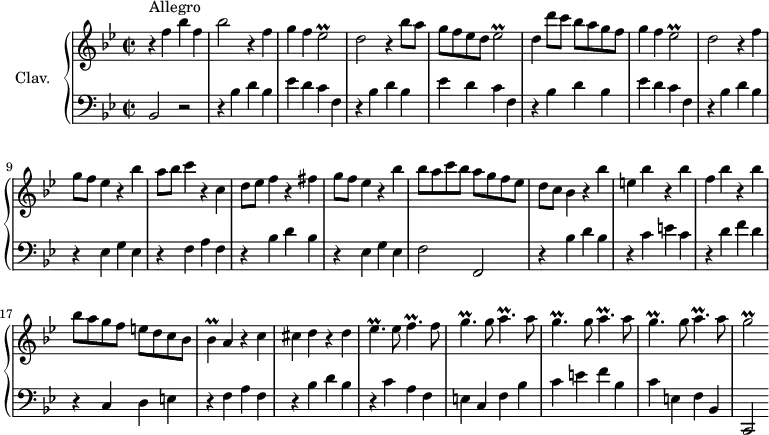 \version "2.18.2"
\header {
  tagline = ##f
  % composer = "Domenico Scarlatti"
  % opus = "K. 154"
  % meter = "Allegro"
}
%% les petites notes
trillEesb      = { \tag #'print { ees2\prall } \tag #'midi { f16 ees f ees~ ees4 } }
trillBes       = { \tag #'print { bes4\prall } \tag #'midi { c16 bes c bes } }
trillEesq      = { \tag #'print { ees4.\prall } \tag #'midi { f16 ees f ees~ ees8 } }
trillFq        = { \tag #'print { f4.\prall } \tag #'midi { g16 f g f~ f8 } }
trillGq        = { \tag #'print { g4.\prall } \tag #'midi { a16 g a g~ g8 } }
trillFAq       = { \tag #'print { a4.\prall } \tag #'midi { bes16 a bes a~ a8 } }
trillGb        = { \tag #'print { g2\prall } \tag #'midi { a16 g a g~ g4 } }
upper = \relative c'' {
  \clef treble 
  \key bes \major
  \time 2/2
  \tempo 2 = 90
  \set Staff.midiInstrument = #"harpsichord"
  \override TupletBracket.bracket-visibility = ##f
      s8*0^\markup{Allegro}
      r4 f4 bes f | bes2 r4 f4 | g f \trillEesb | d2 r4 bes'8 a | g f ees d \trillEesb |
      % ms. 6
      d4 d'8 c bes a g f | g4 f \trillEesb | d2 r4 f4 | g8 f ees4 r4 bes' | a8 bes c4 r4 c,4 |
      % ms. 11
      d8 ees f4 r4 fis4 | g8 f ees4 r4 bes'4 | bes8 a c bes a g f ees | d c bes4 r4 bes'4 | e, bes' r4 bes4 |
      % ms. 16
      f4 bes r4 bes4 | bes8 a g f e d c bes | \trillBes a4 r4 c4 | cis d r4 d4 | \trillEesq ees8 \trillFq f8 |
      % ms. 21
      \repeat unfold 3 { \trillGq g8 \trillFAq a8 } | \trillGb
      % ms. 26
      
}
lower = \relative c' {
  \clef bass
  \key bes \major
  \time 2/2
  \set Staff.midiInstrument = #"harpsichord"
  \override TupletBracket.bracket-visibility = ##f
    % ************************************** \appoggiatura a16  \repeat unfold 2 {  } \times 2/3 { }   \omit TupletNumber 
      bes,2 r2 | \repeat unfold 3 { r4 bes'4 d bes | ees d c f, } | 
      % ms. 8
      r4 bes4 d bes | r4 ees,4 g ees | r4 f4 a f |
      % ms. 11
      r4 bes4 d bes | r4 ees,4 g ees | f2 f, | r4 bes'4 d bes | r4 c4 e c |
      % ms. 16
      r4 d4 f d | r4 c,4 d e | r4 f a f | r4 bes d bes | r4 c a f |
      % ms. 21
      e4 c f bes | c e f bes, | c e, f bes, | c,2
      % ms. 26
      
}
thePianoStaff = \new PianoStaff <<
    \set PianoStaff.instrumentName = #"Clav."
    \new Staff = "upper" \upper
    \new Staff = "lower" \lower
  >>
\score {
  \keepWithTag #'print \thePianoStaff
  \layout {
      #(layout-set-staff-size 17)
    \context {
      \Score
     \override SpacingSpanner.common-shortest-duration = #(ly:make-moment 1/2)
      \remove "Metronome_mark_engraver"
    }
  }
}
\score {
  \keepWithTag #'midi \thePianoStaff
  \midi { }
}