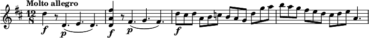\relative c' {
  \version "2.18.2"
  \tempo "Molto allegro"
  \key d \major
  \time 12/8
  \tempo 4 = 180
 d'4\f r8 d,4.\p (e4. d4.) <d a' fis'>4\f r8 fis4.\p (g4. fis4.)
 d'8\f cis d a b c b a g d' g a
 b a g fis e d cis d e a,4.
}