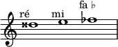 \relative c'' {
      \time 3/1
      \override Staff.TimeSignature #'stencil = ##f
      disis1^\markup { \center-align "ré 𝄪" }
      e^\markup { \center-align "mi" }
      fes^\markup { \center-align "fa ♭" }
    }