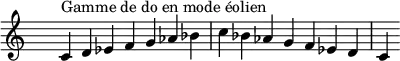 
\relative c' { 
  \clef treble \time 7/4 \hide Staff.TimeSignature c4^\markup { Gamme de do en mode éolien } d ees f g aes bes c bes aes g f ees d c
}
