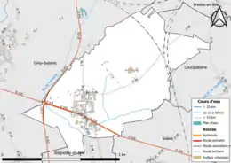 Carte en couleur présentant le réseau hydrographique de la commune