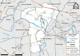 Carte en couleur présentant le réseau hydrographique de la commune