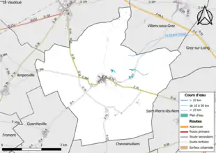 Carte en couleur présentant le réseau hydrographique de la commune