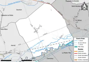 Carte en couleur présentant le réseau hydrographique de la commune