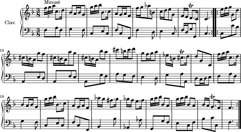 
\version "2.18.2"
\header {
  tagline = ##f
  % composer = "Domenico Scarlatti"
  % opus = "K. 94"
  % meter = "Minuet"
}

%% les petites notes
trillCisqp     = { \tag #'print { cis8.\trill } \tag #'midi { \times 2/3 { d32 cis d cis d cis~ } cis16 } }
trillGqp       = { \tag #'print { g8.\trill } \tag #'midi { \times 2/3 { a32 g a g a g~ } g16 } }
trillDqp       = { \tag #'print { d8.\trill } \tag #'midi { \times 2/3 { e32 d e d e d~ } d16 } }

upper = \relative c'' {
  \clef treble 
  \key f \major
  \time 3/8
  \tempo 4. = 40
  \set Staff.midiInstrument = #"harpsichord"
  \override TupletBracket.bracket-visibility = ##f

      \repeat volta 2 {
      s8*0^\markup{Minuet}
      \times 2/3 { f16[ g a] } c,8. d16 | bes8 a16 bes g8 |   \omit TupletNumber
 \times 2/3 { g'16[ a bes] } bes,8. c16 | a8 g16 a f8 | f'16 g aes8 b, |
      % ms. 6
      c16 d e8  g, | f16[ e] \trillDqp c16 |   \tempo 4. = 35 c4. |   \tempo 4. = 40
      }
      % ms. 9
      \repeat volta 2 {
      \times 2/3 { e'16[ f g] } g,8 d' | \times 2/3 { cis16[ b a] } g'8 f |
      % ms. 11
      \times 2/3 { cis16 b a } a'8 g | \times 2/3 { cis,16[ b a] } bes'8 a | cis b16 cis d8 | g, f16 g a8 | ees16[ b] \trillCisqp d16 |
      % ms. 16
      d8 g,   \tempo 4. = 35 c, |   \tempo 4. = 40 \times 2/3 { f'16[ g a] } c,8. d16 | bes8 a16 bes g8 | \times 2/3 { g'16[ a bes] } bes,8. c16 | a8 g16 a   \tempo 4. = 35 f8 |   \tempo 4. = 40
      % ms. 21
      aes'16[ g] fis8. g16 | ges16[ f] e8. f16 | \repeat unfold 2 { \times 2/3 { g16[ a bes] } bes,8 a } | bes16[ a] \trillGqp f16 | f4. \tempo 4. = 40
      } % fin volta

}

lower = \relative c' {
  \clef bass
  \key f \major
  \time 3/8
  \set Staff.midiInstrument = #"harpsichord"
  \override TupletBracket.bracket-visibility = ##f

    % ************************************** \appoggiatura \repeat unfold 2 {  } \times 2/3 { }
      \repeat volta 2 {
      f,8 a f | g4 f8 | c e c  | f c f, | f'4 d8 | 
      % ms. 6
      e4 c8 | f16 d g8 g, c4. 
      } % fin volta 1
      % ms. 9
      \repeat volta 2 {
      c8 c' bes a, e' d | 
      % ms. 11
      a8 f' e | a, g' f | a g f | e4 d8 | g a a, |
      % ms. 16
      d8 c16 d e8 | f a f | g4 f8 | c e c | f c f, |
      % ms. 21
      bes4 bes'8 | aes,4 aes'8 | g,8 g' f | e c f | bes c  c, | f4.
      } % fin volta 2
}

thePianoStaff = \new PianoStaff <<
    \set PianoStaff.instrumentName = #"Clav."
    \new Staff = "upper" \upper
    \new Staff = "lower" \lower
  >>

\score {
  \keepWithTag #'print \thePianoStaff
  \layout {
      #(layout-set-staff-size 17)
    \context {
      \Score
     \override SpacingSpanner.common-shortest-duration = #(ly:make-moment 1/2)
      \remove "Metronome_mark_engraver"
    }
  }
}

\score {
  \unfoldRepeats
  \keepWithTag #'midi \thePianoStaff
  \midi { }
}
