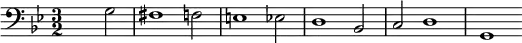 \version "2.18.2"
\new Staff {
\clef bass \key g \minor \time 3/2
s1 g2 fis1 f2 e1 es2 d1 b,2 c d1 g,
}