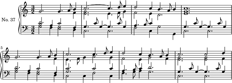 \version "2.14.2"
\header {
  tagline = ##f
}
upper = \relative c'' {
  \clef treble 
  \key a \minor
  \time 3/2
  \tempo 2 = 78
  \autoBeamOff
  \set Staff.midiInstrument = #"harpsichord"
  << { g2. g4. a8 b4 } \\ { s2 s2 s4 f4 } >>
  << { c'2.~ c4. d8 e4 } \\ { << g,2. e2. >> e4. f8 g4 } >>
  << { d'2 c4 b4. a8 b4  } \\ { f2 e4 d2. } >>
  << c'1. g1. e1. >>
  << { g2. g4. a8 b4 } \\ { s2 s2 s4 f4 } >>
  << { c'2. c4. d8 e4 } \\ { e,4. f8 g4 a2 g4 } >>
  << { d'2 c4 b4. a8 b4  } \\ { f2 e4 g2 f4 } >>
  << { c'2. c2 d4  } \\ { << g,2. e2. >> << g2 e2 >> f4 } >>
}
lower = \relative c {
  \clef bass
  \key a \minor
  \time 3/2
  \set Staff.midiInstrument = #"harpsichord"
  << { d'2. c2 f,4 } \\ { << b2 g2 >>  f4 << g2 e2 >> d4 } \\ { s2 a'4 } >>
  << { g4. c8 g4~ g4. c8 g4 } \\ { c,2. c2. } >>
  << { a'4. b8 c4 } \\ { f,2 c4 g'2 g,4 } >>
  << { g'4. c8 g4~ g4. c8 g4 } \\ { c,2. c2. } >>
  << { d'2. c2 f,4 } \\ { << b2 g2 >>  f4 << g2 e2 >> d4 } \\ { s2 a'4 } >>
  << { << c2. g2. >> c2 c4 } \\ { c,2 c4 f2 c4 } >>
  << { a'4. b8 c4 d2. } \\ { f,4. g8 a4 g2. } >>
  << { g4. c8 g4~ g4. c8 g4~ } \\ { c,2. c2. } >>
}
\score {
  \new PianoStaff <<
    \set PianoStaff.instrumentName = #"No. 37"
    \new Staff = "upper" \upper
    \new Staff = "lower" \lower
  >>
  \layout {
    \context {
      \Score
      \remove "Metronome_mark_engraver"
    }
  }
  \midi { }
}