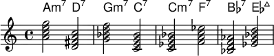 <<
    \new ChordNames \chordmode {
  a2:m7 d:7 g:m7 c:7 c:m7 f:7 bes:7 es:maj
  }
  \new Staff \relative c''{
<a c e g> < d, fis a c > <g bes d f> <c, e g bes> <c ees g bes> <f a c ees> <bes, d f aes> < ees g bes d> }
  >>