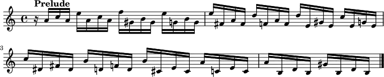 \new Staff \with {
  midiInstrument = "acoustic grand"
}
\relative c'' {
    \version "2.18.2"
    \key a \minor
    \time 4/4
    \tempo ""
    r16^\markup{\larger \bold "Prelude"} a c a e' a, c a f' gis, b gis e' g, b g 
  e' fis, a fis d' f, a f d' e, gis e c' e, g e
  c' dis, fis dis b' d, f d b' cis, e cis a' c, e c
  a' b, d b gis' b, d b
    \bar "|."
}