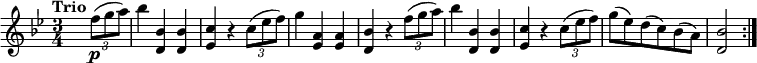 \relative c'' { 
         \version "2.18.2"
         \clef "treble" 
         \tempo "Trio" 
         \key bes \major
         \time 3/4
         \tempo 4 = 110
      s2 \tuplet 3/2 {f8\p (g a)} 
      bes4 <d,, bes'> <d bes'>
      <ees c'> r4  \tuplet 3/2 {c'8 (ees f)}
      g4 <ees, a> <ees a>
      <d bes'> r4 \tuplet 3/2 {f'8 (g a)} 
      bes4 <d,, bes'> <d bes'>
      <ees c'> r4  \tuplet 3/2 {c'8 (ees f)}
      g8 (ees) d (c) bes (a)
      <d, bes'>2 \bar ":|."
}