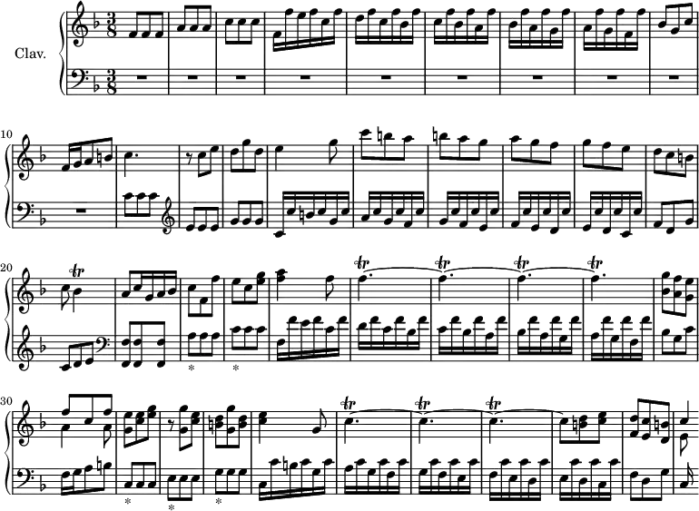 \version "2.18.2"
\header {
  tagline = ##f
  % composer = "Domenico Scarlatti"
  % opus = "K. 82"
  % meter = ""
}
%% les petites notes
trillBes     = { \tag #'print { bes4\trill } \tag #'midi { c32 bes c bes~ bes8 } }
trillFp      = { \tag #'print { f4.\trill~ } \tag #'midi { \repeat unfold 6 { g32 f } } }
trillCp      = { \tag #'print { c4.\trill~ } \tag #'midi { \repeat unfold 6 { d32 c } } }
upper = \relative c'' {
  \clef treble 
  \key f \major
  \time 3/8
  \tempo 2 = 52
  \set Staff.midiInstrument = #"harpsichord"
  \override TupletBracket.bracket-visibility = ##f
      %s8*0^\markup{Allegro}
      f,8 f f | a a a | c c c |  f,16 f' e f c f | d f c f bes, f' | c f bes, f' a, f' |
      % ms. 7
      bes, f' a, f' g, f' | a, f' g, f' f, f' | bes,8 g c | f,16 g a8 b | c4. | r8 c8 e | d g d |
      % ms. 14
      e4 g8 | c b a | b a g | a g f | g f e | d c b | c \trillBes
      % ms. 21
      a8 c16 g a bes | c8  f, f' | e c < e g > | < f a >4 f8 | \trillFp \repeat unfold 3 { \trillFp }
      % ms. 29
      < bes, g' >8 < a f' > < g e' > | << { f'8 c f } \\ { a,4 a8 } >> | < g e' >8 < c e > < e g > | r8 < g, g' > < c e > | < b d > < g g' > < b d > | < c e >4 g8 |
      % ms. 35
      \repeat unfold 3 { \trillCp } | c8 < b d > < c e > | < f, d' > < e c' > < d b' > | << { c'4*1/2 } \\ { e,8 } >>
}
lower = \relative c' {
  \clef bass
  \key f \major
  \time 3/8
  \set Staff.midiInstrument = #"harpsichord"
  \override TupletBracket.bracket-visibility = ##f
    % ************************************** \appoggiatura \repeat unfold 2 {  } \times 2/3 { }
      R4.*10 | c8 c c |   \clef treble  e e e | g g g |
      % ms. 14
      c,16 c' b c g c | a c g c f, c' | g c f, c' e, c' | f, c' e, c' d, c' | e, c' d, c' c, c' | f,8 d g | c, d e |    \clef bass
      % ms. 21
      < f,, f' >8 q q | a'_\markup{*} a a | c_\markup{*} c c |  f,16 f' e f c f | d f c f bes, f' | c f bes, f' a, f' | bes, f' a, f' g, f' |
      % ms. 28
      a, f' g, f' f, f' | bes,8 g c | f,16 g a 8 b | c,8_\markup{*} c c | e_\markup{*} e e | g_\markup{*} g g | c,16 c' b c g c |
      % ms. 35
      a c g c f, c' | g c f, c' e, c' | f, c' e, c' d, c' | e, c' d, c' c, c' | f,8 d g | c,16
      % ms. 
      
}
thePianoStaff = \new PianoStaff <<
    \set PianoStaff.instrumentName = #"Clav."
    \new Staff = "upper" \upper
    \new Staff = "lower" \lower
  >>
\score {
  \keepWithTag #'print \thePianoStaff
  \layout {
      #(layout-set-staff-size 17)
    \context {
      \Score
     \override SpacingSpanner.common-shortest-duration = #(ly:make-moment 1/2)
      \remove "Metronome_mark_engraver"
    }
  }
}
\score {
  \keepWithTag #'midi \thePianoStaff
  \midi { }
}