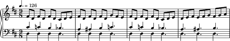 \new PianoStaff << 
\new Staff { \time 9/8 \key d \major \clef treble \relative c' {
  fis8[ d] fis[ d] fis[ d] cis d e
  fis8[ d] fis[ d] fis[ d] g fis e
  fis8[ d] fis[ d] fis[ d] cis d e
  d e fis e fis g fis g a
} }
\new Staff { \tempo 4. = 126 \clef bass \key d \major \relative c' {
<<
  { cis4 c b bes4. a4 ais b c4. cis4 c b bes4. a ais b }
  \\
  { d,4 4 4 4. 4 4 4 4. 4 4 4 4. 4. 4. 4. }
>>
} }
>>