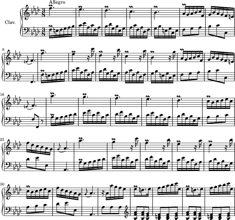 \version "2.18.2"
\header {
  tagline = ##f
  % composer = "Domenico Scarlatti"
  % opus = "K. 187"
  % meter = "Allegro"
}
%% les petites notes
trillBesp       = { \tag #'print { bes4.\prall } \tag #'midi { c32 bes c bes~ bes4 } }
trillCp         = { \tag #'print { c4.\prall } \tag #'midi { des32 c des c~ c4 } }
trillCqqDown    = { \tag #'print { c,16\prall } \tag #'midi { \times 2/3 { c32 des c } } }
trillEesp       = { \tag #'print { ees4.\prall } \tag #'midi { f32 ees f ees~ ees4 } }
trillFp         = { \tag #'print { f4.\prall } \tag #'midi { g32 f g f~ f4 } }
trillFpUp       = { \tag #'print { f'4.\prall } \tag #'midi { g32 f g f~ f4 } }
trillDesp       = { \tag #'print { des4.\prall } \tag #'midi { ees32 des ees des~ des4 } }
trillDes        = { \tag #'print { des4\prall } \tag #'midi { ees32 des ees des~ des8 } }
trillAesqq      = { \tag #'print { aes16\prall } \tag #'midi { \times 2/3 { f32 g f } } }
trillEes        = { \tag #'print { ees4\prall } \tag #'midi { f32 ees f ees~ ees8 } }
trillEesDown    = { \tag #'print { ees,4\prall } \tag #'midi { f32 ees f ees~ ees8 } }
trillDesDown    = { \tag #'print { des,4\prall } \tag #'midi { ees32 des ees des~ des8 } }
trillCDown      = { \tag #'print { c,4\prall } \tag #'midi { des32 c des c~ c8 } }
trillBesDown    = { \tag #'print { bes,4\prall } \tag #'midi { c32 bes c bes~ bes8 } }
trillAesqqDown  = { \tag #'print { aes,16\prall } \tag #'midi { \times 2/3 { aes32 bes aes } } }
trillAespUp     = { \tag #'print { aes'4.\prall } \tag #'midi { bes32 aes bes aes~ aes4 } }
trillGp         = { \tag #'print { g4.\prall } \tag #'midi { aes32 g aes g~ g4 } }
trillCqq        = { \tag #'print { c16\prall } \tag #'midi { \times 2/3 { c32 des c } } }
trillAespUp     = { \tag #'print { aes'4.\prall } \tag #'midi { bes32 aes bes aes~ aes4 } }
trillG          = { \tag #'print { g4\prall } \tag #'midi { aes32 g aes g~ g8 } }
trillFDown      = { \tag #'print { f,4\prall } \tag #'midi { g32 f g f~ f8 } }
trillFqqDown    = { \tag #'print { f,16\prall } \tag #'midi { \times 2/3 { f32 g f } } }
trillFqqUp      = { \tag #'print { f'16\prall } \tag #'midi { \times 2/3 { f32 g f } } }
trillAesqqUp    = { \tag #'print { aes'16\prall } \tag #'midi { \times 2/3 { f32 g f } } }
trillEesq       = { \tag #'print { ees8\prall } \tag #'midi { f32 ees f ees } }
appoGAesp       = { \tag #'print { \appoggiatura g8 aes4. } \tag #'midi { g4 aes8 } }
appoGEFp        = { \tag #'print { \appoggiatura e8 f4. } \tag #'midi { e4 f8 } }
upper = \relative c'' {
  \clef treble 
  \key f \minor
  \time 3/8
  \tempo 4. = 78
  \set Staff.midiInstrument = #"harpsichord"
  \override TupletBracket.bracket-visibility = ##f
      s8*0^\markup{Allegro}
      \trillFp \trillEesp \trillDesp \trillCp \trillBesp 
      % ms. 6
      \trillAesqq g16 aes bes c f, | g bes aes g f e | \appoGEFp | \trillFpUp \trillEes r16 c'16 | \trillDesDown r16 bes'16 |
      % ms. 12
      \trillCDown r16 aes'16 | \trillBesDown r16 g'16 | \trillAesqqDown g16 aes bes c f, | g bes aes g f e | \appoGEFp | \trillAespUp |
      % ms. 18
      \trillGp \trillFp \trillEesp \trillDesp | \trillCqq bes16 c des ees c | f des c bes aes g |
      % ms. 24
      \appoGAesp | \trillAespUp \trillG r16 c16 | \trillFDown r16 bes16 | \trillEesDown r16 aes16 | \trillDesDown r16 bes'16 |
      % ms. 30
      \trillCqqDown bes16 c des ees c | f des c bes aes g | \appoGAesp |
      % ms. 33
      r16 aes16 aes' g f ees | \repeat unfold 2 {  \trillEesq d8. ees16 | f g aes bes c ees, } |
      % ms. 36
      
}
lower = \relative c' {
  \clef bass
  \key f \minor
  \time 3/8
  \set Staff.midiInstrument = #"harpsichord"
  \override TupletBracket.bracket-visibility = ##f
    % ************************************** \appoggiatura a16  \repeat unfold 2 {  } \times 2/3 { }   \omit TupletNumber 
      \trillFqqDown e16 f g aes bes | c ees aes, c f, aes | bes des g, bes ees, g | aes c f, aes des, f | g bes e, g c, e |
      % ms. 6
      f8 g aes | bes c c, | f,4. | \trillFqqUp e16 f g aes bes | c ees aes, c f, aes | bes des g, bes ees, g | aes c f, aes des, f | g bes e, g c, e | f8 g aes | bes c c, | f f, r8 | \repeat unfold 2 { \trillAesqqUp g16 aes bes c des |
      % ms. 12
      ees16 g c, ees aes, c | des f bes, des g, bes | c ees aes, c f, aes | bes des g, bes ees, g | aes8 bes c | des ees ees, |
      % ms. 18 et répet
      aes,4. } | 
      % ms. 33–36
      aes'8 aes aes |   \clef treble \repeat unfold 2 { < bes f' aes >8 q < bes ees g > | < bes d f > q < bes ees g > }
}
thePianoStaff = \new PianoStaff <<
    \set PianoStaff.instrumentName = #"Clav."
    \new Staff = "upper" \upper
    \new Staff = "lower" \lower
  >>
\score {
  \keepWithTag #'print \thePianoStaff
  \layout {
      #(layout-set-staff-size 17)
    \context {
      \Score
     \override SpacingSpanner.common-shortest-duration = #(ly:make-moment 1/2)
      \remove "Metronome_mark_engraver"
    }
  }
}
\score {
  \keepWithTag #'midi \thePianoStaff
  \midi { }
}