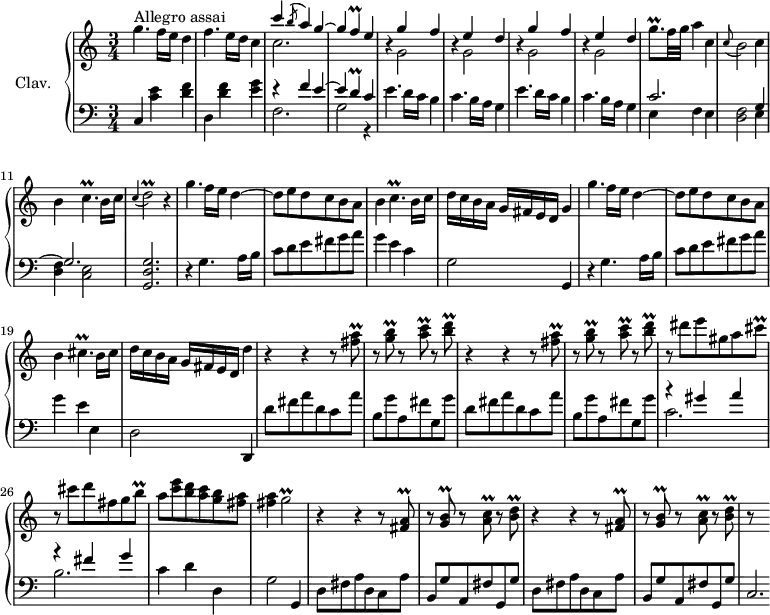 \version "2.18.2"
\header {
  tagline = ##f
  % composer = "Domenico Scarlatti"
  % opus = "K. 527"
  % meter = "Allegro assai"
}
%% les petites notes
trillGb      = { \tag #'print { g2\prall } \tag #'midi { a32 g a g~ g4. } }
trillD       = { \tag #'print { d4\prall } \tag #'midi { e32 d e d~ d8 } }
trillF       = { \tag #'print { f4\prall } \tag #'midi { g32 f g f~ f8 } }
trillGqpUp   = { \tag #'print { g'8.\prall } \tag #'midi { a32 g a g~ g16 } }
trillFisAq   = { \tag #'print { < fis a >8\prall } \tag #'midi { << { b32 a b a } \\ { fis8 } >> } }
trillGBq     = { \tag #'print { < g b >8\prall } \tag #'midi { << { c32 b c b } \\ { g8 } >> } }
trillACq     = { \tag #'print { < a c >8\prall } \tag #'midi { << { d32 c d c } \\ { a8 } >> } }
trillBDq     = { \tag #'print { < b d >8\prall } \tag #'midi { << { e32 d e d } \\ { b8 } >> } }
trillbq      = { \tag #'print { b8\prall } \tag #'midi { cis32 b cis b } }
trillcisq    = { \tag #'print { cis8\prall } \tag #'midi { d32 cis d cis } }
trillCp      = { \tag #'print { c4.\prall } \tag #'midi { d32 c d c~ c4 } }
trillDb      = { \tag #'print { d2\prall } \tag #'midi { e32 d e d~ d4. } }
trillCisp    = { \tag #'print { cis4.\prall } \tag #'midi { d32 cis d cis~ cis4 } }
upper = \relative c'' {
  \clef treble 
  \key c \major
  \time 3/4
  \tempo 4 = 110
      s8*0^\markup{Allegro assai}
      g'4. f16 e d4 | f4.e16 d c4 | << { c'4 \acciaccatura b8 a4 g~| g \trillF e4 } \\ { c2. } >>
      % ms. 5
      \repeat unfold 2 { << { s4 g'4 f s4 e4 d } \\ { \repeat unfold 2 { b4\rest g2 } } >> } | \trillGqpUp f32 g a4 c, |
      % ms. 10
      \appoggiatura c8 b2 c4 | b \trillCp b16 c | \appoggiatura c4 \trillDb r4 | g4. f16 e d4~ | d8 e d c b \tag #'print a8 \tag #'midi r8 |
      % ms. 15
      b4 \trillCp b16 c | d c b a g fis e d g4 | g'4. f16 e d4~ | d8 e d c b \tag #'print a8 \tag #'midi r8 | b4 \trillCisp b16 cis |
      % ms. 20
      d16 c b a g fis e d d'4 | \repeat unfold 2 { r4 r4 r8 \trillFisAq r8 \trillGBq r8 \trillACq r8 \trillBDq }
      % ms. 25
      r8 dis8 e gis, a \trillcisq | r8 cis8 d fis, g \trillbq | a8 < c e > < b d > < a c > < g b > < fis a > | q4 \trillGb |
      % ms. 29
      \repeat unfold 2 { r4 r4 b,8\rest \trillFisAq r8 \trillGBq r8 \trillACq r8 \trillBDq } | r8 s8
}
lower = \relative c' {
  \clef bass
  \key c \major
  \time 3/4
    % ************************************** \appoggiatura a16  \repeat unfold 2 {  } \times 2/3 { }   \omit TupletNumber 
      c,4 < c' e > < d f > | d, < d' f > < e g > | << { r4 f4 e~ | e \trillD c4 } \\ { f,2. | g2 r4 } >> |
      % ms. 5
      \repeat unfold 2 { e'4. d16 c b4 | c4. b16 a g4 } | << { c2. } \\ { e,4 f e } >>
      % ms. 10
      < d f >2 << { g4~ | g2. } \\ { e4 | < d f > < c e >2 } >> < g d' g >2. | r4 g'4. a16 b | c8 d e fis g a |
      % ms. 15
      g4 e c | g2 g,4 | r4 g'4. a16 b | c8 d e fis g a | g4 e e, |
      % ms. 20
      d2 d,4 | \repeat unfold 2 { d''8 fis a d, c a' | b, g' a, fis' g, g' }
      % ms. 25
      << { r4 gis4 a | r4 fis4 g } \\ { c,2. b } >> | c4 d d, | g2 g,4 |
      % ms. 29
      \repeat unfold 2 { d'8 fis a d, c a' | b, g' a, fis' g, g' } | c,2.*1/3
}
thePianoStaff = \new PianoStaff <<
    \set PianoStaff.instrumentName = #"Clav."
    \new Staff = "upper" \upper
    \new Staff = "lower" \lower
  >>
\score {
  \keepWithTag #'print \thePianoStaff
  \layout {
      #(layout-set-staff-size 17)
    \context {
      \Score
     \override TupletBracket.bracket-visibility = ##f
     \override SpacingSpanner.common-shortest-duration = #(ly:make-moment 1/2)
      \remove "Metronome_mark_engraver"
    }
  }
}
\score {
  \keepWithTag #'midi \thePianoStaff
  \midi { \set Staff.midiInstrument = #"harpsichord" }
}