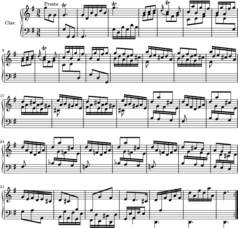 \version "2.18.2"
\header {
  tagline = ##f
}
%% les petites notes
trillGp     = { \tag #'print { g4.\trill } \tag #'midi { a32 g a g a g~ g16~ g8 } }
trillGpUp   = { \tag #'print { g'4.\trill } \tag #'midi { a32 g a g a g~ g16~ g8 } }
trillCp     = { \tag #'print { \appoggiatura d32 c4\trill } \tag #'midi { d32 c d c d c~ c16~ } }
upper = \relative c'' {
  \clef treble 
  \key g \major
  \time 3/8
  \tempo 4. = 72
  \set Staff.midiInstrument = #"harpsichord"
  \repeat volta 2 {
    s8*0^\markup{Presto}
    g'8 g, g | \trillGp g16 d b' g d' b | \trillGpUp | \repeat unfold 2 { \stemUp b,8 c d | \trillCp b8 | c16 a' b, g' a, fis' | b, g'  a, fis' g8 } | \repeat unfold 2 { g8 fis e | a16 d, e cis d a } | \repeat unfold 2 { d8 cis b | e16 a, b gis a e } |
    % ms. 21
    \repeat unfold 2 { d'8 a' cis, | d16 a fis d fis a } | 
    % ms. 25
    d8 a' cis, | d16 a f d f a | d8 a' cis, | d16 a f d f a | d8 cis b | a g fis |
    % ms. 31
    g16 e fis d e cis | d8 cis \change Staff = "lower" b | a \change Staff = "upper" g' fis e d8. cis16 | d16 \change Staff = "lower" a \change Staff = "upper" fis' d a' fis \stemDown d' a fis' d a' a, | d4. }%reprise
}
lower = \relative c' {
  \clef bass
  \key g \major
  \time 3/8
  \set Staff.midiInstrument = #"harpsichord"
  \repeat volta 2 {
    % *****************************
     s4. | g8 g, g | g4. | g'16 d b' g d' b | \stemDown \change Staff = "upper" g'8 a b | a fis g | c, d fis | g d  \stemUp \change Staff = "lower" g, |
     % ms. 9 
     \stemDown \change Staff = "upper" g'8 a b | a fis g | c, d \stemUp \change Staff = "lower" d, | g d   \tempo 4. = 45 g, |   \tempo 4. = 72 \stemDown \change Staff = "upper" \repeat unfold 2 { b''16 d a d g, cis | fis,8 s4 } | 
     % ms. 17
     \repeat unfold 2 { fis16 a e a d, gis cis,8 s4 } | \repeat unfold 2 { \stemUp \change Staff = "lower" b16 \stemDown \change Staff = "upper" g' \stemUp \change Staff = "lower" a, \stemDown \change Staff = "upper" fis' \stemUp \change Staff = "lower" g, \stemDown \change Staff = "upper" e' | \stemUp \change Staff = "lower" fis,8 s4 } |
     % ms. 25
     \repeat unfold 2 { bes16 \stemDown \change Staff = "upper" g' \stemUp \change Staff = "lower" a, \stemDown \change Staff = "upper" f' \stemUp \change Staff = "lower" g, \stemDown \change Staff = "upper" e' | \stemUp \change Staff = "lower" f,8 s4 } | b16  \stemDown \change Staff = "upper" g' \stemUp \change Staff = "lower" a, \stemDown \change Staff = "upper" fis' \stemUp \change Staff = "lower" g, \stemDown \change Staff = "upper" e' | \stemUp \change Staff = "lower" fis, \stemDown \change Staff = "upper" d' \stemUp \change Staff = "lower" e, \stemDown \change Staff = "upper" cis' \stemUp \change Staff = "lower" d, \stemDown \change Staff = "upper" d' |
     % ms. 31
     \change Staff = "lower" g,8 a a, | b16 g' a, fis' g, e' | fis, d' e, cis' d, d' | << { g,16 e' a, fis' e8 } \\ { s8 a,4 } >> | d,4. d   \tempo 4. = 45 d   \tempo 4. = 72 }%reprise
} 
thePianoStaff = \new PianoStaff <<
    \set PianoStaff.instrumentName = #"Clav."
    \new Staff = "upper" \upper
    \new Staff = "lower" \lower
  >>
\score {
  \keepWithTag #'print \thePianoStaff
  \layout {
      #(layout-set-staff-size 17)
    \context {
      \Score
     \override SpacingSpanner.common-shortest-duration = #(ly:make-moment 1/2)
      \remove "Metronome_mark_engraver"
    }
  }
}
\score {
  \unfoldRepeats
  \keepWithTag #'midi \thePianoStaff
  \midi { }
}