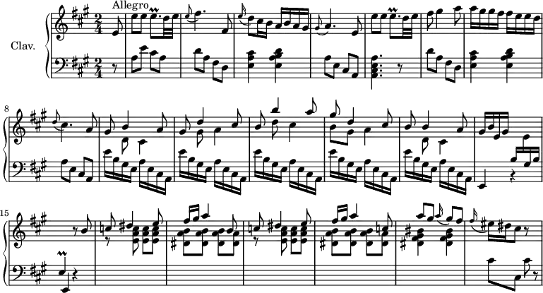 \version "2.18.2"
\header {
  tagline = ##f
  % composer = "Domenico Scarlatti"
  % opus = "K. 181"
  % meter = "Allegro"
}
%% les petites notes
trillEqp     = { \tag #'print { e8.\prall } \tag #'midi { fis32 e fis e~ e16 } }
trillEpDown  = { \tag #'print { e,4\prall } \tag #'midi { fis32 e fis e~ e8 } }
upper = \relative c'' {
  \clef treble 
  \key a \major
  \time 2/4
  \tempo 4 = 92
  \set Staff.midiInstrument = #"harpsichord"
  \override TupletBracket.bracket-visibility = ##f
      \partial 8
      s8*0^\markup{Allegro}
      e,8 | e'8 e \trillEqp d32 e | \appoggiatura e8 fis4. fis, 8 | \appoggiatura e'16 d8 cis16 b a b a gis | \appoggiatura gis8 a4. e8 | e'8 e \trillEqp d32 e |
      % ms. 6
      fis8 gis4 a8 | a16 gis gis fis fis e e d | \appoggiatura d8 cis4. a8 | 
      << { gis8 b4 a8 | gis8 d'4 cis8 } \\ { s8 d,8 cis4 | s8 gis'8 a4 } >>
      % ms. 11
      << { b8 b'4 a8 | gis d4 cis8 | b b4 a8 } \\ { s8 d8 cis4 | b8 gis a4 | s8 d,8 cis4 } >> | gis'16 b e, gis \stemUp \change Staff = "lower" b, \stemDown \change Staff = "upper"  e \stemUp \change Staff = "lower"  gis, b \trillEpDown \change Staff = "upper"  r8 \repeat unfold 2 { b''8
      % ms. 16
      c8 \stemUp dis4 e8 | fis16 gis a4 } c,8 | a'8 gis \appoggiatura a16 gis8 fis | \stemNeutral
      % ms. 21
      \appoggiatura fis16 eis16 dis cis8 r8 s8 % gis8 | r8 
}
lower = \relative c' {
  \clef bass
  \key a \major
  \time 2/4
  \set Staff.midiInstrument = #"harpsichord"
  \override TupletBracket.bracket-visibility = ##f
    % ************************************** \appoggiatura a16  \repeat unfold 2 {  } \times 2/3 { }   \omit TupletNumber 
      r8 | a8 e' cis a | d8 a fis d | < e a cis >4 < e a b d > | a8 e cis a | < a cis e a >4. r8 |
      % ms. 6
      d'8 a fis d | < e a cis >4 < e a b d > | a8 e cis a | \repeat unfold 5 { e''16 b gis e a e cis a } |
      % ms. 14
      \repeat unfold 2 { \shiftOn e4 r4 } | \stemDown \change Staff = "upper" 
      % ms. 16
      \repeat unfold 2 { r8 < e'' a c >8 q q | < dis a' b > q q < dis a' > } | < dis fis gis bis >4 q | \stemDown \change Staff = "lower" 
      % ms. 21
      cis8 cis, cis'8 r8
}
thePianoStaff = \new PianoStaff <<
    \set PianoStaff.instrumentName = #"Clav."
    \new Staff = "upper" \upper
    \new Staff = "lower" \lower
  >>
\score {
  \keepWithTag #'print \thePianoStaff
  \layout {
      #(layout-set-staff-size 17)
    \context {
      \Score
     \override SpacingSpanner.common-shortest-duration = #(ly:make-moment 1/2)
      \remove "Metronome_mark_engraver"
    }
  }
}
\score {
  \keepWithTag #'midi \thePianoStaff
  \midi { }
}