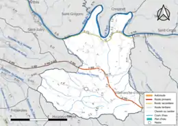 Carte en couleur présentant le réseau hydrographique de la commune