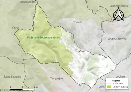 Carte de la ZNIEFF de type 2 sur la commune.