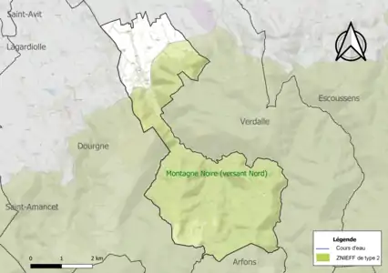 Carte de la ZNIEFF de type 2 sur la commune.