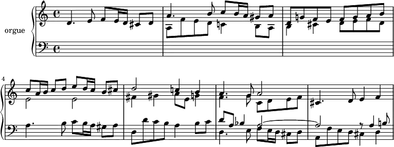 \version "2.18.2"
\header {
  tagline = ##f
}
upper = \relative c' {
  \clef treble 
  \key c \major
  \time 4/4
  \tempo 4 = 70
  \tempo "Presto"
    \set Staff.midiInstrument = #"recorder"
   %%% Dopo l'Epistola (Canzon)
   d4. e8 f8 e16 d cis8 d
   << { a'4. b8 c8 b16 a gis8 a } \\ { a,8 f' e d c!4 b8 a } >>
   << { d8 g! f e f g a b } \\ { b,4 cis d8 e f d } >>
   %% ms 4
   << { c'8 a16 b c8 d e d16 c b8 cis } \\ { e,2 e } >>
   << { d'2 c!4 b } \\ { fis4 gis a8 e g!4 } >>
   << { a4. g8 a2 } \\ { f4. g8 c, d e f } >> 
   cis4. d8 e4 f
}
lower = \relative c {
  \clef bass
  \key c \major
  \time 4/4
    \set Staff.midiInstrument = #"recorder"
  s1*3 a'4. b8 c8 b16 a gis8 a d, d' c b a4 b8 c
  << { d8 a bes4 a2~ } \\ { d,4. e8 f8 e16 d cis8 d } >>
  << { a'2 r8 a4 b!8 } \\ { a,8 f' e d cis4 d } >>
} 
\score {
  \new PianoStaff <<
    \set PianoStaff.instrumentName = #"orgue"
    \new Staff = "upper" \upper
    \new Staff = "lower" \lower
  >>
  \layout {
    \context {
      \Score
      \remove "Metronome_mark_engraver"
    }
  }
  \midi { }
}