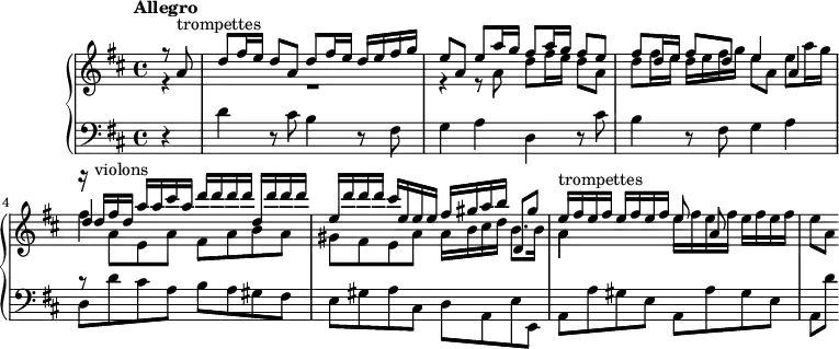 
\version "2.18.2"
\header {
  tagline = ##f
}
upper = \relative c'' {
  \clef treble
  \key d \major
  \time 4/4
  \tempo "Allegro"
  \tempo 4 = 92
  %\override TupletBracket.bracket-visibility = ##f

   %% Scarlatti — L'Eraclea, allegro de la sinfonia
   << { r8 a8^\markup{trompettes} | d8 fis16 e d8 a d fis16 e d e fis g | e8 a, e' a16 g fis8 a16 g fis8 e | fis8 d16 e fis8 d e4 a, }
   \\ { r4 R1 r4 r8 a8 | d8 fis16 e d8 a d fis16 e d e fis g | e8 a, e' a16 g } >>

   %% Ms. 4
   <<  { r16 d16^\markup{violons} fis d  a' a cis a  d d d d  d, d' d d | e, d' d d  cis e, e e  fis gis a b d,,8 gis' } \\ { fis4 } \\ { d4 } >>

   %% Ms. 6
   << { s8*0^\markup{trompettes} \repeat unfold 4 { e16 fis } e8 a, } \\ { a4 s4 \repeat unfold 4 { e'16 fis } e8[ a,] } >>

}

lower = \relative c' {
  \clef bass
  \key d \major
  \time 4/4

   \partial 4 r4 | 
   d4 r8 cis8 b4 r8 fis8 | g4 a d, r8 cis'8 | b4 r8 fis8 g4 a |

   %% Ms. 4
   << { r8 \stemDown \change Staff = "upper" a'8 e a fis a b a | gis fis e a a16 b cis d b8. b16 | a4 } \\ { d,,8 d' cis a b a gis fis | e gis a cis, d a e' e, | \repeat unfold 2 { a a' gis e } a,8[ d'] } >>
}

\score {
  \new PianoStaff <<
    \new Staff = "upper" \upper
    \new Staff = "lower" \lower
  >>
  \layout {
    #(layout-set-staff-size 17)
    \context {
      \Score
       \override SpacingSpanner.common-shortest-duration = #(ly:make-moment 1/2)
    }
  }
  \midi { }
}

