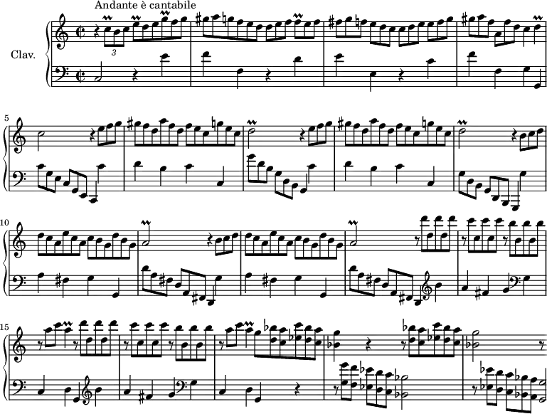 
\version "2.18.2"
\header {
  tagline = ##f
  % composer = "Domenico Scarlatti"
  % opus = "K. 485"
  % meter = "Andante è cantabile"
}

%% les petites notes
trillCq      = { \tag #'print { c8\prall } \tag #'midi { d32 c d c } }
trillEq      = { \tag #'print { e8\prall } \tag #'midi { f32 e f e } }
trillFq      = { \tag #'print { f8\prall } \tag #'midi { g32 f g f } }
trillGq      = { \tag #'print { g8\prall } \tag #'midi { a32 g a g } }
trillD       = { \tag #'print { d4\prall } \tag #'midi { e32 d e d~ d8 } }
trillDb      = { \tag #'print { d2\prall } \tag #'midi { e32 d e d~ d4. } }
trillAb      = { \tag #'print { a2\prall } \tag #'midi { b32 a b a~ a4. } }
trillA       = { \tag #'print { a4\prall } \tag #'midi { b32 a b a~ a8 } }

upper = \relative c'' {
  \clef treble 
  \key c \major
  \time 2/2
  \tempo 4 = 86

      s8*0^\markup{Andante è cantabile}
      r4 \times 2/3 { \trillCq b8 c } \omit TupletNumber \times 2/3 { \trillEq d8 e \trillGq f8 g } |
      \times 2/3 {  gis8 a g f e d d[ e f] \trillFq e8 f } |
      \times 2/3 { fis8 g f e[ d c] c d e e[f g] }
      % ms. 4
      \times 2/3 { gis8 a f a,[ f' d] } c4 \trillD | c2 \repeat unfold 2 { r4 \times 2/3 { e8 f g } |
      \times 2/3 { gis8 f d a' f d f e c g' e c }
      % ms. 7
      \trillDb }%repet
      \repeat unfold 2 { r4 \times 2/3 { b8 c d }
      % ms. 10
      \times 2/3 { d8 c a e' c a c b g d' b g }
      % ms. 13
      \trillAb }%repet
      \repeat unfold 2 { \times 2/3 { r8 \repeat unfold 2 { d'8 d, } d' } |
      \times 2/3 { r8 \repeat unfold 2 { c8 c, } c' } |
      \times 2/3 { r8 \repeat unfold 2 { b8 b, } b' } |
      \times 2/3 { r8 a c } \trillA  } |
      % ms. 17 suite…
      \times 2/3 { g8 < d bes' > < c a' > < ees c' > < d bes' > < c a' > } |
      < bes g' >4 r4  \times 2/3 { r8 < d bes' > < c a' > < ees c' > < d bes' > < c a' > } |
      % ms. 19
       < bes g' >2 r8

}

lower = \relative c' {
  \clef bass
  \key c \major
  \time 2/2

    % ************************************** \appoggiatura a16  \repeat unfold 2 {  } \times 2/3 { }   \omit TupletNumber 
      c,2 r4 e'4 | f f, r4 d' | e e, r4 c' |
      % ms. 4
      f4 f, g g, |  \omit TupletNumber  \times 2/3 { c'8[ g e] c g e }   \tempo 4 = 58 c4    \tempo 4 = 86 c'' | d b c c, |
      % ms. 7
      \times 2/3 { g''8[ d b] g d b } g4 c' | d b c c, | \times 2/3 { g'8[ d b] g d b } g4 g'' |
      % ms. 10
      a4 fis g g, | \times 2/3 { d''8[ a fis] d a fis } d4 g' | a fis g g, |
      % ms. 13
      \times 2/3 { d''8[ a fis] d a fis } d4  \repeat unfold 2 { \clef treble  b''' a fis g   \clef bass g, |
      % ms. 17
       c, d g, } r4 | \times 2/3 { r8 < g' g' >8 < f f' > < ees ees' >[ < d d' > < c c' >] } < bes bes' >2 |
      % ms. 19
      \times 2/3 { r8 < ees ees' >8 < d d' > < c c' >[ < bes bes' > < a a' >] } < g g' >2*1/4 |

}

thePianoStaff = \new PianoStaff <<
    \set PianoStaff.instrumentName = #"Clav."
    \new Staff = "upper" \upper
    \new Staff = "lower" \lower
  >>

\score {
  \keepWithTag #'print \thePianoStaff
  \layout {
      #(layout-set-staff-size 17)
    \context {
      \Score
     \override TupletBracket.bracket-visibility = ##f
     \override SpacingSpanner.common-shortest-duration = #(ly:make-moment 1/2)
      \remove "Metronome_mark_engraver"
    }
  }
}

\score {
  \keepWithTag #'midi \thePianoStaff
  \midi { \set Staff.midiInstrument = #"harpsichord" }
}

