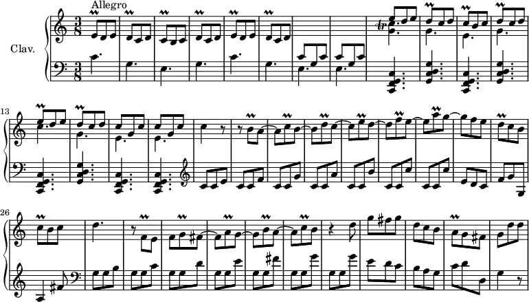 \version "2.18.2"
\header {
  tagline = ##f
}
%% les petites notes
trillFqq = { \tag #'print { f8\prall } \tag #'midi { \times 2/3 { g32 f g } f16 } }
trillEqq = { \tag #'print { e8\prall } \tag #'midi { \times 2/3 { f32 e f } e16 } }
trillDqq = { \tag #'print { d8\prall } \tag #'midi { \times 2/3 { e32 e f } d16 } }
trillCqq = { \tag #'print { c8\prall } \tag #'midi { \times 2/3 { d32 c d } c16 } }
trillBqq = { \tag #'print { b8\prall } \tag #'midi { \times 2/3 { c32 b c } b16 } }
trillAqq = { \tag #'print { a8\prall } \tag #'midi { \times 2/3 { b32 a b } a16 } }
trillGqq = { \tag #'print { g8\prall } \tag #'midi { \times 2/3 { a32 g a } g16 } }
trillC = { \tag #'print { < g c >4.-\tweak X-offset #-3 -\tweak extra-offset #'(1.5 . 5.6)\trill } \tag #'midi { << { \times 2/3 { d32 c d } c16~ c16~ c8. } \\ { g4. } >> } }
% {
% c''-\tweak X-offset #-3 -\tweak extra-offset #'(1.5 . +2.5) \trill
%}
upper = \relative c' {
  \clef treble 
  \key c \major
  \time 3/8
  \tempo 4. = 92
  \set Staff.midiInstrument = #"harpsichord"
      s8*0^\markup{Allegro} \trillEqq d8 e | \trillDqq c8 d | \trillCqq b8 c | \trillDqq c8 d | \trillEqq d8 e | \trillDqq c8 d | \stemUp \change Staff = "lower" c8 g c | c8 g c |
      % ms. 9
      \stemDown \change Staff = "upper" << { e'8 d e | \trillDqq c8 d | \trillCqq b8 c | \trillDqq c8 d | \trillEqq d8 e | \trillDqq c8 d | c g c | c g c } \\ { \trillC | g'4. e g c g e e } >> c'4 r8
      % ms. 18
      r8 \trillBqq a8~ | a \trillCqq b8~ | b \trillDqq c8~ | c \trillEqq d8~ | d \trillFqq e8~ | e \trillAqq g8~ | g f e | \trillDqq c8 b | \trillCqq b8 c | 
      % ms. 27
      d4. | b8\rest \trillFqq e8~ | f \trillGqq fis8~ | fis \trillAqq g8~ | g \trillBqq a8~ | a \trillCqq b8 | r4 d8 | g fis g | d c b |
      % ms. 36
      \trillAqq g8 fis | g d' d | 
}
lower = \relative c' {
  \clef bass
  \key c \major
  \time 3/8
  \set Staff.midiInstrument = #"harpsichord"
    % **************************************
      c4. g e g c g e e |
      % ms. 9
      \repeat unfold 3 { < c, f g c >4. < g' c d g > } < c, f g c >4. q |   \clef treble  c''8 c e |
      % ms. 18
      c8 c f | c c g' | c, c a' | c, c b' | c, c c' | c, c c' | e, d c | f g g, | a4 fis'8 |
      % ms. 27
      \clef bass g,8 g b | g g c | g g d' | g, g e' | g, g fis' | g, g g' | g, g g' | e d c | b a g |
      % ms. 36
      c8 d d, | g4 r8
}
thePianoStaff = \new PianoStaff <<
    \set PianoStaff.instrumentName = #"Clav."
    \new Staff = "upper" \upper
    \new Staff = "lower" \lower
  >>
\score {
  \keepWithTag #'print \thePianoStaff
  \layout {
      #(layout-set-staff-size 17)
    \context {
      \Score
     \override SpacingSpanner.common-shortest-duration = #(ly:make-moment 1/2)
      \remove "Metronome_mark_engraver"
    }
  }
}
\score {
  \keepWithTag #'midi \thePianoStaff
  \midi { }
}