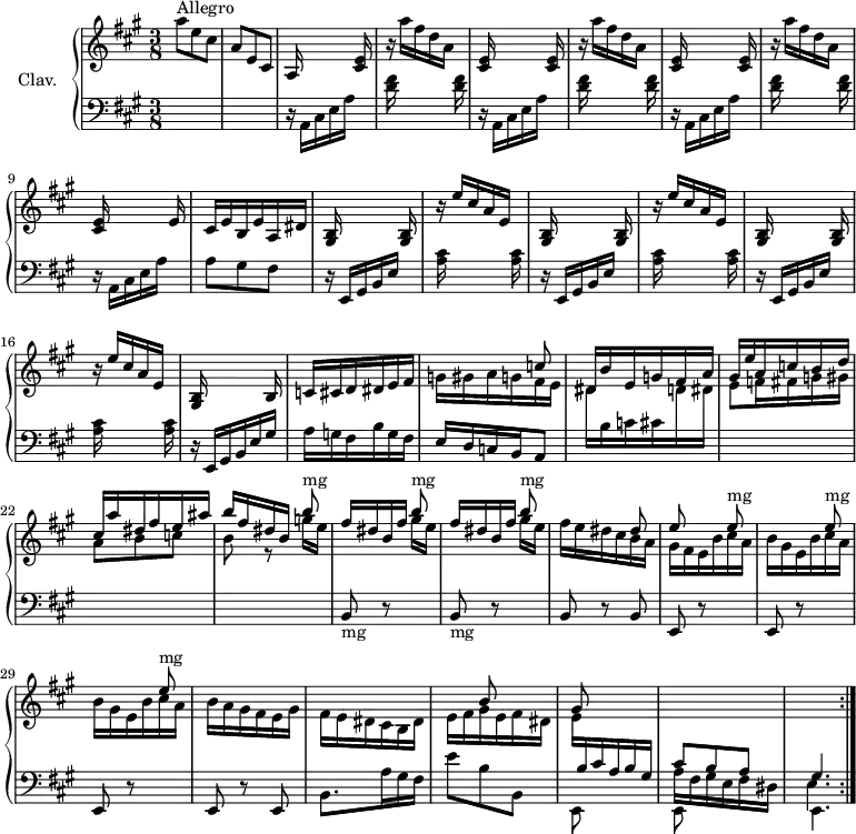 
\version "2.18.2"
\header {
  tagline = ##f
  % composer = "Domenico Scarlatti"
  % opus = "K. 65"
  % meter = "Allegro"
}

%% les petites notes
%trillBesp     = { \tag #'print { bes4.\prall } \tag #'midi { c32 bes c bes~ bes4 } }

upper = \relative c'' {
  \clef treble 
  \key a \major
  \time 3/8
  \tempo 4. = 76
  \set Staff.midiInstrument = #"harpsichord"
  \override TupletBracket.bracket-visibility = ##f

  \repeat volta 2 {
      s8*0^\markup{Allegro}
      a'8 e cis | a e cis | a16 s4 < cis e >16 | \repeat unfold 2 { r16 a''16 fis d a s16 | < cis, e >16 s4 q16 } | 
      % ms. 8
      r16 a''16 fis d a s16 | < cis, e >16 s4 e16 | cis e b e a, dis | \repeat unfold 3 { < gis, b >16 s4 q16 | r16 e''16 cis a e s16 } | < gis, b >16 s4 b16 | c cis d dis e fis |
      % ms. 19
      << { s4 c'8 } \\ { g16 gis a g fis e } >> | dis b' e, g fis a | \stemUp gis e' a, c b d | cis a' dis, fis e ais | b fis dis b \stemDown g'[ e] |
      % ms. 24
      \repeat unfold 2 { \stemUp fis16 dis b fis' \stemDown gis[ e] } | \stemNeutral << { s4 dis8 | e } \\ { fis16 e dis cis b a | gis fis e b' cis a } >> | \stemDown \repeat unfold 2 { b gis e b' cis a } |
      % ms. 30
      b16 a gis fis e gis | fis e dis cis b dis | << { s8 b'8 s8 | gis8 s4 | \stemUp \change Staff = "lower" cis,8 b a | gis4. } \\ { e'16 fis gis e fis dis | e \stemUp \change Staff = "lower" b cis a b gis \stemDown | a fis gis e fis dis| \shiftOn e4. } >> }%reprise

}

lower = \relative c' {
  \clef bass
  \key a \major
  \time 3/8
  \set Staff.midiInstrument = #"harpsichord"
  \override TupletBracket.bracket-visibility = ##f

  \repeat volta 2 {
    % ************************************** \appoggiatura a16  \repeat unfold 2 {  } \times 2/3 { }   \omit TupletNumber 
      s4. s4. | \repeat unfold 3 { r16 a,16 cis e a s16 | < d fis >16 s4 q16 } |  
      % ms. 9
      r16 a,16 cis e a s16 | a8 gis fis | \repeat unfold 3 { r16 e,16 gis b e s16 | < a cis >16 s4 q16 } 
      % ms. 17
      r16 e,16 gis b e gis a g fis b g fis |
      % ms. 29
      e16 d c b a8 | \stemDown \change Staff = "upper" dis'16 \change Staff = "lower" b c cis  \stemDown \change Staff = "upper"   d dis | e8 f16 fis g gis | a8 b c | b8 r8 \stemUp  b'8^\markup{mg} \repeat unfold 2 { \change Staff = "lower" b,,,8-\markup{mg} r8 \stemUp \change Staff = "upper"  b'''8^\markup{mg} } |
      % ms. 26
      \change Staff = "lower" b,,,8 r8 b8 | \repeat unfold 3 { \change Staff = "lower" e,8 r8 \stemUp \change Staff = "upper"  e'''8^\markup{mg} } |
      % ms. 30
      \change Staff = "lower" e,,,8 r8 e8 | \stemDown b'8. a'16 gis fis | e'8 b b, | e,8 s4 | e8 s4 | e4. }%reprise

}

thePianoStaff = \new PianoStaff <<
    \set PianoStaff.instrumentName = #"Clav."
    \new Staff = "upper" \upper
    \new Staff = "lower" \lower
  >>

\score {
  \keepWithTag #'print \thePianoStaff
  \layout {
      #(layout-set-staff-size 17)
    \context {
      \Score
     \override SpacingSpanner.common-shortest-duration = #(ly:make-moment 1/2)
      \remove "Metronome_mark_engraver"
    }
  }
}

\score {
  \unfoldRepeats
  \keepWithTag #'midi \thePianoStaff
  \midi { }
}
