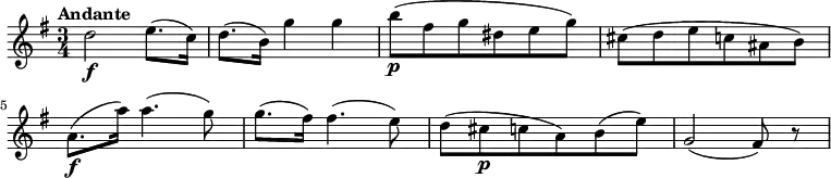 \relative c' {
\version "2.18.2"
\key g \major
\time 3/4
\tempo "Andante"
\tempo 4 = 60
d'2\f e8. (c16) 
d8. (b16) g'4 g
b8\p (fis g dis e g)
cis,8 (d e c ais b)
a8.\f (a'16) a4. (g8)
g8. (fis16) fis4. (e8)
d (cis\p c a) b (e)
g,2 (fis8) r8
}
