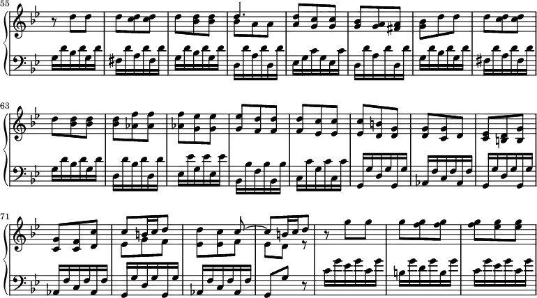 
\version "2.18.2"
\header {
  tagline = ##f
  % composer = "Domenico Scarlatti"
  % opus = "K. 461"
  % meter = "Allegro"
}

%% les petites notes
%trillBesp     = { \tag #'print { bes4.\prall } \tag #'midi { c32 bes c bes~ bes4 } }

upper = \relative c'' {
  \clef treble 
  \key bes \major
  \time 3/8
  \tempo 4. = 82
  \set Staff.midiInstrument = #"harpsichord"
  \override TupletBracket.bracket-visibility = ##f
  \set Score.currentBarNumber = #55
  \omit Staff.TimeSignature % cache la mesure
  \bar ":|."

      % s8*0^\markup{Allegro}
      r8 d8 d | d < c d > q | d < bes d > q | << { d4. } \\ { bes8 a a } >> | < a d >8 < g c > q |
      % ms. 60
      < g bes >8 < g a > \tempo 4. = 72 < fis a > | < g bes > \tempo 4. = 82 d'8 d | d < c d > q | d < bes d > q | q < aes f' >8 q |
      % ms. 65
      q < g ees' >8 q | q < f d' > q | q < ees c' > q | q < d b' > < d g > | q < c g' > d |
      % ms. 70
      < c ees >8 < b d > < b g' > | < c g' > < c f > < d c' > | << { c'8 b16 c d8 | s4 c8~ | c b16 c d8 } \\ { ees,8 g f | < ees d' >8 < ees c' > f8 |   \tempo 4. = 60 ees d \tempo 4. = 72 r8 } >> | r8 \tempo 4. = 82 g'8 g |
      % ms. 76
      g8 < f g > q | q < ees g > q |

}

lower = \relative c' {
  \clef bass
  \key bes \major
  \time 3/8
  \set Staff.midiInstrument = #"harpsichord"
  \override TupletBracket.bracket-visibility = ##f
  \omit Staff.TimeSignature

    % ************************************** \appoggiatura a16  \repeat unfold 2 {  } \times 2/3 { }   \omit TupletNumber 
      g16 d' bes d g, d' | fis, d' a d fis, d' | g,16 d' bes d g, d' | d, d' a d d, d' | ees, g c g ees c' |
      % ms. 60
      d,16 d' a d d, d' | g,16 d' bes d g, d' | fis, d' a d fis, d' | g,16 d' bes d g, d' | d, d' bes d d, d' |
      % ms. 65
      ees,16 ees' g, ees' ees, ees' | bes, bes' f bes bes, bes' | c, c' g c c, c' | \repeat unfold 3 { g, g' d g g, g' | aes, f' c f aes, f' } |
      % ms. 74
      g,8 g' r8 | c16 g' ees g c, g' |
      % ms. 76
      b,16 g' d g b, g' | c,16 g' ees g c, g' |

}

thePianoStaff = \new PianoStaff <<
    \set PianoStaff.instrumentName = #""
    \new Staff = "upper" \upper
    \new Staff = "lower" \lower
  >>

\score {
  \keepWithTag #'print \thePianoStaff
  \layout {
    indent = #0
      #(layout-set-staff-size 17)
    \context {
      \Score
     \override SpacingSpanner.common-shortest-duration = #(ly:make-moment 1/2)
      \remove "Metronome_mark_engraver"
    }
  }
}

\score {
  \keepWithTag #'midi \thePianoStaff
  \midi { }
}
