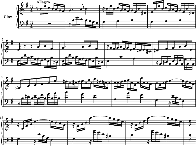 \version "2.18.2"
\header {
  tagline = ##f
  % composer = "Domenico Scarlatti"
  % opus = "K. 198"
  % meter = "Allegro"
}
%% les petites notes
%trillBesp     = { \tag #'print { bes4.\prall } \tag #'midi { c32 bes c bes~ bes4 } }
upper = \relative c'' {
  \clef treble 
  \key e \minor
  \time 3/4
  \tempo 4 = 92
  \set Staff.midiInstrument = #"harpsichord"
  \override TupletBracket.bracket-visibility = ##f
      s8*0^\markup{Allegro}
      r8 b8 e c b16 a g fis | g4. a8 b4 | r16 b e b c g a fis g e b' dis, |
      % ms. 4
      e16 b' e b c g a fis g e b' dis, | e8 r8 r8 a8 b fis | g4. a8 b fis |
      % ms. 7
      r16 g16 fis g a fis g e fis dis e cis | dis8 fis g a b e, | dis fis g a b e |
      % ms. 10
      dis16 b cis dis e b fis' b, g' d c b | c c d e fis c g c a' c, b a | b g b d e4~ e16 d c a |
      % ms. 13
      r16 d,16 g b e4~ e16 d c a | r16 g16 b d b'4~ b16 a g e | r16 a,16 d fis b4~ b16 a g e | fis s16
      % ms. 17
      
}
lower = \relative c' {
  \clef bass
  \key e \minor
  \time 3/4
  \set Staff.midiInstrument = #"harpsichord"
  \override TupletBracket.bracket-visibility = ##f
    % ************************************** \appoggiatura a16  \repeat unfold 2 {  } \times 2/3 { }   \omit TupletNumber 
      R2. | r8 b8 e c b16 a g fis | \repeat unfold 2 { g4 a b } |
      % ms. 5
      \repeat unfold 2 { e,16 b' e b c g a fis g e b' dis, }
      % ms. 7
      e4 c' a | r16 b,16 dis b e b fis' b, g' b, a' b, | r16 b'16 dis b e b fis' b, g' b, a' b,
      % ms. 10
      b'4 g e | a, a' fis | \repeat unfold 2 { g, r16 e'16 c a fis4 } |
      % ms. 14
      g4 r16 b'16 g e cis4 | d r16 b'16 g e cis4 | d8
      % ms. 17
      
}
thePianoStaff = \new PianoStaff <<
    \set PianoStaff.instrumentName = #"Clav."
    \new Staff = "upper" \upper
    \new Staff = "lower" \lower
  >>
\score {
  \keepWithTag #'print \thePianoStaff
  \layout {
      #(layout-set-staff-size 17)
    \context {
      \Score
     \override SpacingSpanner.common-shortest-duration = #(ly:make-moment 1/2)
      \remove "Metronome_mark_engraver"
    }
  }
}
\score {
  \keepWithTag #'midi \thePianoStaff
  \midi { }
}