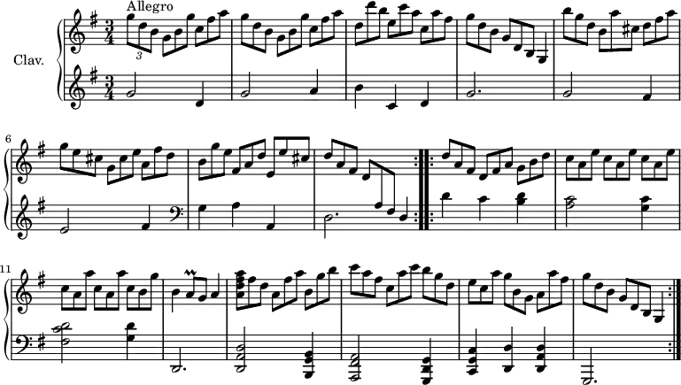 \version "2.18.2"
\header {
  tagline = ##f
}
%% les petites notes
trillA = { \tag #'print { a8\prall } \tag #'midi { b32 a b a } }
upper = \relative c'' {
  \clef treble 
  \key g \major
  \time 3/4
  \tempo 4 = 120
  \set Staff.midiInstrument = #"harpsichord"
    s8*0^\markup{Allegro}
    \repeat volta 2 {
    \repeat unfold 2 { \times 2/3 { g'8 d b } \omit TupletNumber \times 2/3 { g8 b g' } \times 2/3 { c,8 fis a } } | \times 2/3 { d,8 d' b } \times 2/3 { e,8 c' a } \times 2/3 { c,8 a' fis } \times 2/3 { g d b } \times 2/3 { g d b } \tempo 4 = 80 g4 |
    % ms. 5
    \tempo 4 = 120
    \times 2/3 { b''8 g d } \times 2/3 { b8 a' cis, } \times 2/3 { d8 fis a } | \times 2/3 { g8 e cis } \times 2/3 { g8 cis e } \times 2/3 { a,8 fis' d } |  \times 2/3 { b8 g' e } \times 2/3 { fis,8 a d } \times 2/3 { e, e' cis } \times 2/3 { d a fis } \times 2/3 { d \stemUp \change Staff = "lower" a fis } \tempo 4 = 80 d4 \tempo 4 = 120
    }%reprise
    \stemNeutral \change Staff = "upper" 
    \repeat volta 2 {
    % ms. 9
    \tempo 4 = 120
    \times 2/3 { d''8 a fis } \times 2/3 { d fis a } \times 2/3 { g b d } | \repeat unfold 3 { \times 2/3 { c a e' } } | \repeat unfold 2 { \times 2/3 { c a a' } }  \times 2/3 { c, b g' } | b,4 \trillA g8 \tempo 4 = 80 a4 | 
    % ms. 13
    \tempo 4 = 120
    \times 2/3 { < a d fis a >8 fis' d }  \times 2/3 { a8 fis' a }  \times 2/3 {  b,8 g' b } |  \times 2/3 { c8 a fis }  \times 2/3 { c8 a' c }  \times 2/3 { b g d } |  \times 2/3 { e8 c a' }  \times 2/3 { g b, g }  \times 2/3 { a a' fis } | \times 2/3 { g d b } \times 2/3 { g d b }  \tempo 4 = 72 g4 
    }%reprise
}
lower = \relative c'' {
  \clef bass
  \key g \major
  \time 3/4
  \set Staff.midiInstrument = #"harpsichord"
    % **************************************
      \repeat volta 2 {
      \clef treble g2 d4 | g2 a4 | b c, d | g2. | g2 fis4 | e2 fis4 |  \clef bass g, a a, | d2.
      }%reprise
      \repeat volta 2 {
      % ms. 9
      d'4 c < b d > | < a c >2 < g c >4 | <fis c' d >2 < g d' >4 | d,2. | < d a' d >2 < b g' b >4 < a fis' a >2 < g d' g >4 | < c g' c > < d d' > < d a' d > g,2.
      }%reprise
}
thePianoStaff = \new PianoStaff <<
    \set PianoStaff.instrumentName = #"Clav."
    \new Staff = "upper" \upper
    \new Staff = "lower" \lower
  >>
\score {
  \keepWithTag #'print \thePianoStaff
  \layout {
      #(layout-set-staff-size 17)
    \context {
      \Score
     \override SpacingSpanner.common-shortest-duration = #(ly:make-moment 1/2)
      \remove "Metronome_mark_engraver"
    }
  }
}
\score {
  \unfoldRepeats 
  \keepWithTag #'midi \thePianoStaff
  \midi { }
}