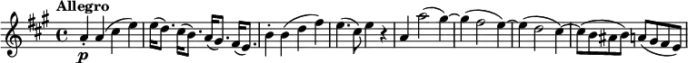 \relative c'' {
  \version "2.18.2"
  \tempo "Allegro"
  \key a \major
  \time 4/4
  \tempo 4 = 140
  a4-. \p a (cis e)
  e16 (d8.) cis16 (b8.)a16 (gis8.) fis16 (e8.) 
  b'4-. b (d fis)
  e4. (cis8) e4 r
  a, a'2 (gis4) ~ gis (fis2 e4) ~ e (d2 cis4) ~cis8 
  (b ais b) a (gis fis e)
}