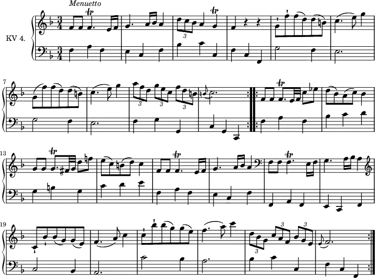 \version "2.14.2"
\header {
  tagline = ##f
}
upper = \relative c'' {
  \clef treble
  \key f \major
  \time 3/4
  \tempo 4 = 110
  \tempo "Menuetto"
  \set Staff.midiInstrument = #"dulcimer"
  \repeat volta 2 {
    f,8^\markup \italic { Menuetto} f f4.\trill e16 f | g4. a16 bes  a4
    | \tuplet 3/2 {d8 c8 bes } a4 g\trill  | f r4 r4
    | g8-! f'-! f (d) d (b) | c4. (e8) g4
    | g,8 (f') f (d) d (b) | c4. (e8) g4
    | \tuplet 3/2 {a8 f d } \tuplet 3/2 {g8 e c} \tuplet 3/2 {f8 d  b}
    |\grace b8 (c2.)
  }
  \repeat volta 2 \relative c' {
    f8 f f8.\trill e32 f c'8 ees |  d8 (bes)  a ( c ) bes4
    | g8 g g8.\trill fis32 g d'8 f! | e8 (c) b (d) c4
    | f,8 f f4.\trill e16 f  |g4. a16 bes a4 \clef bass 
    | f,8 f f4.\trill e16 f  |
    | g4. a16 bes a4 \clef treble
    | c8-! bes'-! bes (g) g (e)
    | f4. (a8) c4 | c8-! bes'-! bes (g) g (e) |
    f4. (a8) c4  | \tuplet 3/2 {d,8 bes g }  \tuplet 3/2 {c8 a f} \tuplet 3/2 {bes8 g  e}
    |\grace e8 (f2.)
  }
} 
lower = \relative c {
  \clef bass
  \key f \major
  \time 3/4
  \set Staff.midiInstrument = #"harpsichord"
  
  \repeat volta 2 {
  f4 a f | e c f  | bes4 c c, | f4 c f, |  g'2 f4| e2. |  g2 f4 | e2. | f4 g g,  | c4 g c,
  }
  \repeat volta 2 \relative c {
    f4 a f | bes c d | g, b g  | c d e|  f, a f | e c f
    |  f, a f | e c f | c'2 bes4 | a2.  |  c'2 bes4 | a2.| bes4 c c,
    | f c f,
  }
} 
\score {
  \new PianoStaff <<
    \set PianoStaff.instrumentName = #"KV 4."
    \new Staff = "upper" \upper
    \new Staff = "lower" \lower
  >>
  \layout {
    \context {
      \Score
      \remove "Metronome_mark_engraver"
    }
  }
 \midi { }
}