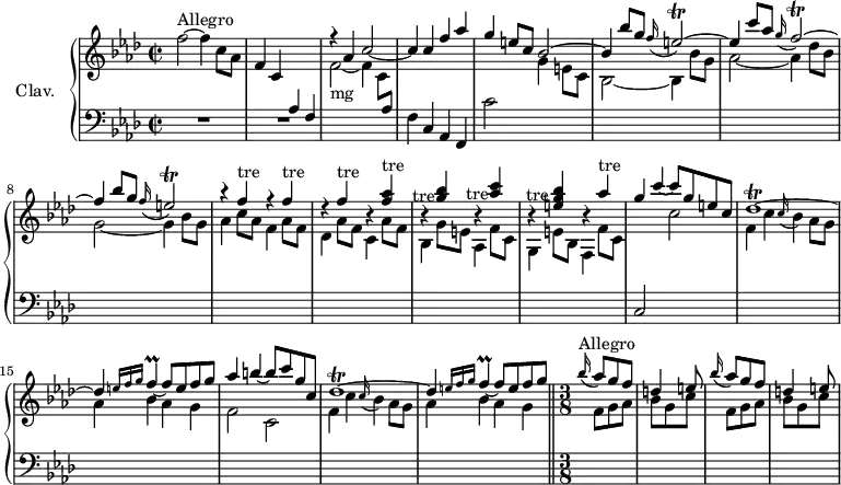 \version "2.18.2"
\header {
  tagline = ##f
  % composer = "Domenico Scarlatti"
  % opus = "K. 204a"
  % meter = "Allegro"
}
%% les petites notes
trillEb        = { \tag #'print { e2\trill^~ } \tag #'midi { f32 e f e~ e8~ e4~ } }
trillFb        = { \tag #'print { f2\trill^~ } \tag #'midi { g32 f g f~ f8~ f4~ } }
trillF         = { \tag #'print { f4^\markup{tre} } \tag #'midi {  \repeat unfold 4 { g32 f } } }
trillAesAcc    = { \tag #'print { < f aes >4^\markup{tre} } \tag #'midi { << { \repeat unfold 4 { bes32 aes } } \\ { f4 } >> } }
trillGAcc      = { \tag #'print { < g bes >4-\tweak X-offset #-3 -\tweak extra-offset #'(-0.2 . 9.6)-\markup{tre} } \tag #'midi { << { \repeat unfold 4 { aes32 g } } \\ { bes4 } >> } }
trillAAcc      = { \tag #'print { < aes c >4-\tweak X-offset #-3 -\tweak extra-offset #'(-0.2 . 10.3)-\markup{tre} } \tag #'midi { << { \repeat unfold 4 { bes32 aes } } \\ { c4 } >> } }
trillEGAcc     = { \tag #'print { < e, g bes >4-\tweak X-offset #-3 -\tweak extra-offset #'(-0.5 . 10.9)-\markup{tre} } \tag #'midi { << { \repeat unfold 4 { aes32 g } } \\ { < e, bes >4 } >> } }
trillA         = { \tag #'print { aes'4^\markup{tre} } \tag #'midi {  \repeat unfold 4 { bes32 aes } } }
trillFL        = { \tag #'print { f4\prall~ } \tag #'midi { g32 f g f~ f8~ } }
trillDesr      = { \tag #'print { des1\trill^~ } \tag #'midi { \repeat unfold 2 { ees32 des~ } des8~ des2.~ } }
upper = \relative c'' {
  \clef treble 
  \key f \minor
  \time 2/2
  \tempo 2 = 70
  \set Staff.midiInstrument = #"harpsichord"
  \override TupletBracket.bracket-visibility = ##f
      s8*0^\markup{Allegro}
      f2~ f4 c8 aes | f4 c \stemUp \change Staff = "lower"  aes f \stemUp \change Staff = "upper" | r4 aes'4 c2~ | c4 c f aes |
      % ms. 5
      g4 e8 c bes2^~ | bes4 bes'8 g \appoggiatura f16 \trillEb | e4 c'8 aes \appoggiatura g16 \trillFb | f4 bes8 g \appoggiatura f16 \trillEb |
      % ms. 9
      \repeat unfold 3 { r4 \trillF } r4 \trillAesAcc | r4 \trillGAcc r4 \trillAAcc | r4 \trillEGAcc r4 \trillA |
      % ms. 13
      g4 c~ c8 g e c | \trillDesr | des4 \grace {   \tempo 2 = 25 e16 f g }   \tempo 2 = 70 \trillFL f8 e f g | aes4 b4~ b8 c g c, |
      % ms. 17
      \trillDesr | des4 \grace {   \tempo 2 = 25 e16 f g }   \tempo 2 = 70 \trillFL f8 e f \tempo 2 = 20 g  \bar "||"   \time 3/8 s4*0^\markup{Allegro} \tempo 4. = 72
      % ms. 19 - 3/8
      \repeat unfold 2 { \appoggiatura bes16 aes8 g f | d4 e8 }
}
lower = \relative c' {
  \clef bass
  \key f \minor
  \time 2/2
  \set Staff.midiInstrument = #"harpsichord"
  \override TupletBracket.bracket-visibility = ##f
    % ************************************** \appoggiatura a16  \repeat unfold 2 {  } \times 2/3 { }   \omit TupletNumber 
      R1*2 | \stemDown \change Staff = "upper"  f2_~-\markup{mg} f4 c8 \stemUp \change Staff = "lower"  aes | \stemNeutral f4 c aes f |
      % ms. 5
      c''2 \stemDown \change Staff = "upper" g'4 e8 c | bes2_~ bes4  bes'8 g | aes2_~ aes4 des8 bes | g2_~ g4 bes8 g |
      % ms. 9
      aes4 c8 aes f4 aes8 f | des4 aes'8 f c4 aes'8 f | bes,4 g'8 e aes,4 f'8 c | g4 e'8 bes f4 f'8 c |
      % ms. 13
      \stemUp \change Staff = "lower" c,2 \stemDown \change Staff = "upper" c''2 | f,4 c' \appoggiatura c16 bes4 aes8 g | aes4  bes aes g | f2 c |
      % ms. 17
      f4 c' \appoggiatura c16 bes4 aes8 g | aes4  bes aes g | \time 3/8 \grace s16
      % ms. 19 - 3/8
      \repeat unfold 2 { f8 g aes | bes g c }
}
thePianoStaff = \new PianoStaff <<
    \set PianoStaff.instrumentName = #"Clav."
    \new Staff = "upper" \upper
    \new Staff = "lower" \lower
  >>
\score {
  \keepWithTag #'print \thePianoStaff
  \layout {
      #(layout-set-staff-size 17)
    \context {
      \Score
     \override SpacingSpanner.common-shortest-duration = #(ly:make-moment 1/2)
      \remove "Metronome_mark_engraver"
    }
  }
}
\score {
  \keepWithTag #'midi \thePianoStaff
  \midi { }
}