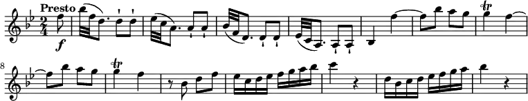 \relative c'' {
  \version "2.18.2"
  \key bes \major
  \time 2/4
  \tempo "Presto"
  \tempo 4 = 120  
  \partial 8 f8\f bes32 (f d8.) d8-! d-!
  ees32 (c a8.) a8-! a-!
  bes32 (f d8.) d8-! d-!
  ees32 (c a8.) a8-! a-!
  bes4 f'' ~ 
  f8 bes a g
  g4\trill f ~ 
  f8  bes a g
  g4\trill f 
  r8 bes, d f
  ees16 c d ees f g a bes
  c4 r
  d,16 bes c d ees f g a
  bes4 r
}