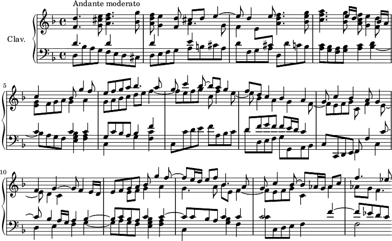 \version "2.18.2"
\header {
  tagline = ##f
  % composer = "Domenico Scarlatti"
  % opus = "K. 52"
  % meter = "Andante moderato"
}
%% les petites notes
trillBesp     = { \tag #'print { bes4.\prall } \tag #'midi { c32 bes c bes~ bes4 } }
upper = \relative c'' {
  \clef treble 
  \key d \minor
  \time 4/4
  \tempo 4 = 62
  \set Staff.midiInstrument = #"harpsichord"
  \override TupletBracket.bracket-visibility = ##f
      s8*0^\markup{Andante moderato}
      < f, d' >4. < g cis e >8 < a d f >4. < bes g' >8 | < a d f >8 < g e' >4 < f d' >8 << { cis'8 d e4~ | e8 d4 e8 } \\ { a,4. g8 | f4 e8 \stemUp \change Staff = "lower" cis } >> < a' d f >4. < bes e g >8 |
      % ms. 4
      << { s4. e16 d s8 s4 bes16 a | c4 s4 bes8  g'4 f8 |
          % ms. 6 dessus
      e8 f g a bes4. a8 | g8 c4 bes8~ bes8 a g4 | f8 d c4 bes a | g8 c4 bes a8 g4 |
          % ms. 10 dessus
      f4 g~ g8 } 
       % ms. 4 dessous
      \\ { < c f a >4. < bes g' >8 < a c f >8 < g e' >4 < f d' >8 | < e g >8 f g a g4 a | g8 a bes c  d e f4~ |
          % ms. 7 dessous
      f8 e f g c, f4 e8~ | e bes4 a g f8~ | f e f g c, f4 e8~ |
          % ms. 10 dessous 
      e8 d4 c } >>
      % ms. 10 suite
      f4 e16 d |
      << { e8 f g a bes g'4 f8~ | f8 e16 d e8 f \mergeDifferentlyDottedOn bes,4. a8 |
          % ms. 13 dessus
      g8 c4 bes8~ bes aes16 g aes8 c | f4. ees8 } 
          % ms. 10 suite voix dessous
      \\ { s4 e,8 f g4 a | g4. a8 bes8 e, f4~ | f8 e f g c,4 aes'4 | aes8 g f4.*1/2 } >>
}
lower = \relative c' {
  \clef bass
  \key d \minor
  \time 4/4
  \set Staff.midiInstrument = #"harpsichord"
  \override TupletBracket.bracket-visibility = ##f
    % ************************************** \appoggiatura \repeat unfold 2 {  } \times 2/3 { }
      << { d4. s8 | \repeat unfold 2 { d4 s4 } e4 } \\ { d,8 bes' a g  f e d cis | d e f g  a b cis a } >> | d8 f, g a d, d' c bes |
      % ms. 4
      < a c >8 < g bes > < f a > < g bes > < a c >4 
      << { s4 | c4 s4 c4 c | g8 c bes a bes4 f' } 
      \\ { < bes, d >4~ | bes8 a g f < e g bes >4 < f a > | c4 s4 g' < f c' > } >>
      % ms. 7
      c8 c' d e  f a, bes c | 
      << { d8 f g f | f e16 d c4 } 
      \\ { d8 d, e f g g, a bes } >> | c8 c, d e 
      << { f8 f'4 c'8~ | c8 bes4 a16 g a4 bes~ | bes8 c bes a c4 c~ | c8 c bes a c4 c |
          % ms. 13 dessus
      c2 s4 f4~  f8 ees d c }
      
      \\ { f,,4 c' | d e f g~ | g8 a g f < e g bes >4 < f a > | c s4 < g' bes >4 f | c'8 c, d e f4 s4 | f2 } >>
}
thePianoStaff = \new PianoStaff <<
    \set PianoStaff.instrumentName = #"Clav."
    \new Staff = "upper" \upper
    \new Staff = "lower" \lower
  >>
\score {
  \keepWithTag #'print \thePianoStaff
  \layout {
      #(layout-set-staff-size 17)
    \context {
      \Score
     \override SpacingSpanner.common-shortest-duration = #(ly:make-moment 1/2)
      \remove "Metronome_mark_engraver"
    }
  }
}
\score {
  \keepWithTag #'midi \thePianoStaff
  \midi { }
}