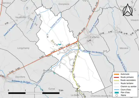 Carte en couleur présentant le réseau hydrographique de la commune
