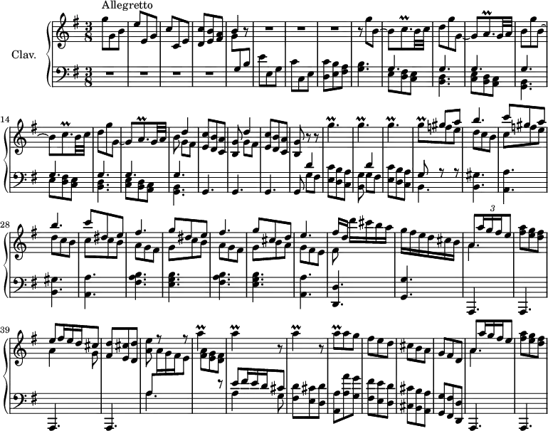 
\version "2.18.2"
\header {
  tagline = ##f
  % composer = "Domenico Scarlatti"
  % opus = "K. 538"
  % meter = "Allegretto"
}

%% les petites notes
trillCqp     = { \tag #'print { c8.\prall } \tag #'midi { d32 c d c~ c16 } }
trillAqp     = { \tag #'print { a8.\prall } \tag #'midi { b32 a b a~ a16 } }
trillGpUp    = { \tag #'print { g''4.\prall } \tag #'midi { a32 g a g~ g4 } }
trillGq      = { \tag #'print { g8^\prall } \tag #'midi { a32 g a g } }
trillA       = { \tag #'print { a4\prall } \tag #'midi { b32 a b a~ a8 } }
trillAq      = { \tag #'print { a8\prall } \tag #'midi { b32 a b a } }

upper = \relative c'' {
  \clef treble 
  \key g \major
  \time 3/8
  \tempo 4. = 72

      s8*0^\markup{Allegretto}
      g'8 g, b | e e, g | c c, e | < d c' > < e b' > < fis a > | \stemUp b4 r8 | R4.*3 \stemNeutral |
      % ms. 9
      r8 \repeat unfold 2 { g'8 b,~ | b \trillCqp b32 c | d8 g g,~ | g \trillAqp g32 a | b8 }
      % ms. 17 suite…
      \repeat unfold 2 { << { d4 } \\ { g,8 fis } >> | < e c' >8 < d b' > < c a' > | < b g' > } r8 r8 | \repeat unfold 3 { \trillGpUp } |
      % ms. 25
      << { s8 \repeat unfold 2 { gis8 a | b4. | c8 } dis, e | fis4. } 
       \\ { \trillGq \repeat unfold 2 { f8 e | d c b | c } | c8 b | a g fis } >> 
      % ms. 31
      << { g'8 dis e | fis4. | g8 cis, d | e4. | fis16[ d] } 
       \\ { g,8 c b | a g fis | g b a | g fis e | fis8 } >>
      d''16 cis b a | g fis e d cis b  | 
      << { a8 \times 2/3 { a'16 g fis } e8 } 
       \\ { \mergeDifferentlyDottedOn a,4. } >>
      % ms. 38
      < fis' a >8 < e g > < d fis > | 
      << { e8 \omit TupletNumber  \times 2/3 { fis16 e d } cis8 } 
       \\ { a4 g8 } >> |
      \shiftOn < fis d' >8 < e cis' > < d d' > | < a' e' > f'8\rest f8\rest | \repeat unfold 3 { \trillA r8 }
      % ms. 45
      \trillAq a8 g | fis e d | cis b a | g fis d | 
      << { a'8 \omit TupletNumber  \times 2/3 { a'16 g fis } e8 } 
       \\ { \mergeDifferentlyDottedOn a,4. } >> | < fis' a >8 < e g > < d fis > |

}

lower = \relative c' {
  \clef bass
  \key g \major
  \time 3/8

    % ************************************** \appoggiatura a16  \repeat unfold 2 {  } \times 2/3 { }   \omit TupletNumber 
      R4.*4 \stemDown \change Staff = "upper" | g'8 \stemNeutral \change Staff = "lower" g, b | e e, g | c c, e |
      % ms. 8
      < d c' >8 < e b' > < fis a > | < g b >4. | \repeat unfold 2 { << { g4. g g g } \\ { e8 < d fis > < c e > | < b d >4. | < c e >8 < b d > < a c > | < g b >4. } >> }
      % ms. 18
      g4. g g | g8 << { d''4 } \\ { g,8 fis } >> | < e c' >8 < d b' > < c a' > |
      % ms. 23
      < b g' >8 << { d'4 } \\ { g,8 fis } >> | < e c' >8 < d b' > < c a' > | << { g'8 r8 r8 } \\ { b,4. } >> | \repeat unfold 2 { < b gis' >4. < a a' > } | \repeat unfold 2 { < fis' a b >4.
      % ms. 31
      < e g b >4. } | < a, a' >4. < d, d' > < g g' > | \repeat unfold 4 { a,4. } |
      % ms. 41
      << { a''8 \omit TupletNumber  \stemDown \change Staff = "upper" \times 2/3 { a'16 g fis } e8 } \\ { \mergeDifferentlyDottedOn a,4. } >> \stemDown \change Staff = "upper"  | < fis' a >8 < e g > < d fis > \stemNeutral \change Staff = "lower" | << { e8 \omit TupletNumber  \times 2/3 { fis16 e d } cis8 } \\ { a4 g8 } >> | < fis d' >8 < e cis' > < d d' >
      % ms. 45
      < a a' >8 < a' a' > < g g' > < fis fis' > < e e' > < d d' > | < cis cis' > < b b' > < a a' > | < g g' > < fis fis' > < d d' > | a4. a 

}

thePianoStaff = \new PianoStaff <<
    \set PianoStaff.instrumentName = #"Clav."
    \new Staff = "upper" \upper
    \new Staff = "lower" \lower
  >>

\score {
  \keepWithTag #'print \thePianoStaff
  \layout {
      #(layout-set-staff-size 17)
    \context {
      \Score
     \override TupletBracket.bracket-visibility = ##f
     \override SpacingSpanner.common-shortest-duration = #(ly:make-moment 1/2)
      \remove "Metronome_mark_engraver"
    }
  }
}

\score {
  \keepWithTag #'midi \thePianoStaff
  \midi { \set Staff.midiInstrument = #"harpsichord" }
}
