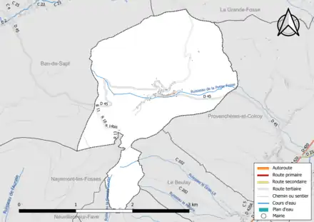 Carte en couleur présentant le réseau hydrographique de la commune