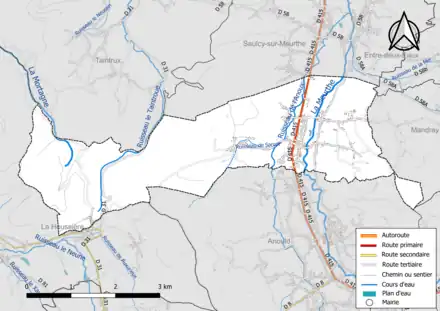 Carte en couleur présentant le réseau hydrographique de la commune