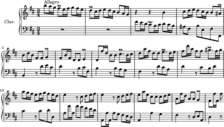 
\version "2.18.2"
\header {
  tagline = ##f
}

%% les petites notes
trillFisq = { \tag #'print { fis8\prall } \tag #'midi { g32 fis g fis } }
trillDq = { \tag #'print { d8\prall } \tag #'midi { e32 d e d } }
trillAisq = { \tag #'print { ais8\prall } \tag #'midi { b32 ais b ais } }

trillG = { \tag #'print { g4\prall } \tag #'midi { a32 g a g~ g8 } }
trillE = { \tag #'print { e4\prall } \tag #'midi { fis32 e fis e~ e8 } }

trillCqp = { \tag #'print { cis8.\prall } \tag #'midi { d32 cis d cis~ cis16 } }
trillEqp = { \tag #'print { e8.\prall } \tag #'midi { fis32 e fis e~ e16 } }
trillGqp = { \tag #'print { gis8.\prall } \tag #'midi { a32 gis a gis~ gis16 } }

upper = \relative c'' {
  \clef treble 
  \key b \minor
  \time 3/4
  \tempo 4 = 92
  \set Staff.midiInstrument = #"harpsichord"

   b'8^\markup{Allegro} a16 g \trillFisq e16 fis g8 fis16 e | \trillDq cis16 d  e8 d16 cis  b8 a16 g | r4 r4 b4 | 
   % ms. 4
   cis8 d16 e d8 cis16 b b8 \trillAisq | b8 d16 b fis8 fis \trillG | fis8 b16 fis d8 d \trillE | d8 fis'16 d b8 b \trillCqp b32 cis | 
   % ms. 8
   d8 a'16 fis d8 d  \trillEqp d32 e | fis8 d'16 a fis8 fis \trillGqp fis32 gis | a8 g16 fis e8 fis16 g fis8 e16 d | \repeat unfold 2 { e4 r8 cis8 d e16 fis } | 
   % ms. 13
    e8 a16 e cis8 cis cis d16 e | a,8 fis'16 d a8 a  \trillG | fis8 fis'16 fis, fis'8

}

lower = \relative c' {
  \clef bass
  \key b \minor
  \time 3/4
  \set Staff.midiInstrument = #"harpsichord"

    % **************************************
      R2.*2 | fis8 e16 d cis8-\parenthesize\prall b16 cis d8 cis16 b |
     % ms. 4
     ais8[ fis] b e, fis fis, | b4 r8 d'8 e cis | d4 r8 b8 cis fis, | b4 r8 b8 a g | 
     % ms. 8
     fis4 r8 d'8 cis a | d4 r8 cis8 b d | cis4 r8 cis8 d d, | a'8 a'16 a, a'8 g fis e16 d |
     % ms. 12
     a,8 a'16 a, a'8 g fis e16 d | a4 a' g | fis r8 d8 e a, | d4 r8

}

thePianoStaff = \new PianoStaff <<
    \set PianoStaff.instrumentName = #"Clav."
    \new Staff = "upper" \upper
    \new Staff = "lower" \lower
  >>

\score {
  \keepWithTag #'print \thePianoStaff
  \layout {
      #(layout-set-staff-size 17)
    \context {
      \Score
     \override SpacingSpanner.common-shortest-duration = #(ly:make-moment 1/2)
      \remove "Metronome_mark_engraver"
    }
  }
}

\score {
  \keepWithTag #'midi \thePianoStaff
  \midi { }
}
