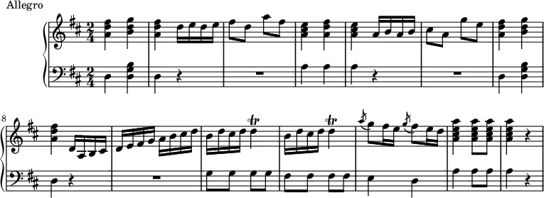 \version "2.18.2"
\header {
  tagline = ##f
}
upper = \relative c'' {
  \clef treble 
  \key d \major
  \time 2/4
  \tempo 4 = 120
  \override TupletBracket.bracket-visibility = ##f
  \set Staff.midiInstrument = #"recorder"
   %%Andrea Luchesi — Sonate en ré (pdf http://petrucci.mus.auth.gr/imglnks/usimg/2/2b/IMSLP354926-PMLP573206-andrea_luchesi_sonata_in_d_major.pdf)
   < fis d a >4 < g d b > < fis d a > d16 e d e fis8 d a' fis < e cis a >4  < fis d a > < e cis a > a,16 b a b cis8 a g' e
   < fis d a >4 < g d b > < fis d a >
   d,16 a b cis d e fis g a b cis d  \repeat unfold 2 { b d cis d d4\trill } | \acciaccatura a'8 g8 fis16 e  \acciaccatura g8 fis8 e16 d
   < a' e cis a >4 q8 q8 q4 r4
}
lower = \relative c {
  \clef bass
  \key d \major
  \time 2/4
  \set Staff.midiInstrument = #"recorder"
  d4 < b' g d > d, r4 R2 a'4 a a r4 R2 d,4 < b' g d > d, r4 R2
  g8 g g g fis fis fis fis e4 d a' a8 a a4 r4
}
  \header {
    piece = "Allegro"
  }
\score {
  \new PianoStaff <<
    \new Staff = "upper" \upper
    \new Staff = "lower" \lower
  >>
  \layout {
    \context {
      \Score
      \remove "Metronome_mark_engraver"
    }
  }
  \midi { }
}