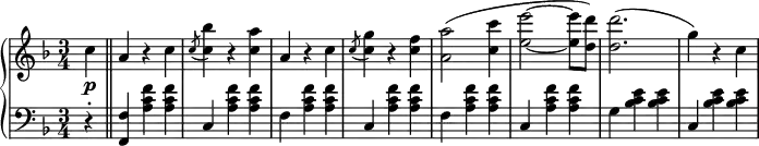 \relative b' {
  \new PianoStaff <<
   \new Staff { \key d \minor \time 3/4
    \tempo \markup { 
     \column {
   }
    }
    \partial 4 c\p \bar "||" a r c \slashedGrace c8( <c bes'>4) r <c a'> a r c \slashedGrace c8( <c g'>4) r <c f> <a a'>2( <c c'>4 <e e'>2~ <e e'>8 <d d'>) <d d'>2.( g4) r c,
   }
   \new Staff { \key d \minor \time 3/4 \clef bass
    r-. <f,, f,> <a c f> <a c f> c, <a' c f> <a c f> f <a c f> <a c f> c, <a' c f> <a c f> f <a c f> <a c f> c, <a' c f> <a c f> g <bes c e> <bes c e> c, <bes' c e> <bes c e> }
  >>
 }
