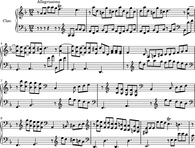 \version "2.18.2"
\header {
  tagline = ##f
}
% petites notes
prallF = { \tag #'print { f4.\trill } \tag #'midi { g32 f g f~ f8 } }
prallC = { \tag #'print { c4.\trill } \tag #'midi { d32 c d c~ c8 } }
prallD = { \tag #'print { d4.\trill } \tag #'midi { e32 d e d~ d8 } } 
upper = \relative c'' {
  \clef treble 
  \key d \minor
  \time 12/8
  \tempo 4. = 100
  \set Staff.midiInstrument = #"harpsichord"
     s8*0^\markup{Allegrissimo}
    r8 % \bar ".|:"
     a8 a a' a g \prallF e4. | r8 a8 d,  b g' cis, \repeat unfold 2 { d a' d,  b g' cis, } d4. r8 < a f' >4~
     % ms. 4
     < a f' >8 < g e' > < f d' >~ q q < e cis' > d'4. r8 < a f' >4~ < a f' >8 < g e' > < f d' >~ q q < e cis' > d'8 f, d  < f a >8 q < e g > | f4 d8 a8 b cis  d d e  f g a | 
     % ms. 7
      r8 < d bes' >8 < c a' > < bes g' > q < a f' > \clef bass c,,4 d8 e f g | r8 \clef treble < c a' >8 < bes g' > < a f' > q < g e' > \clef bass bes,4 c8  d e f |  r8 \clef treble < bes' g' >8 < a f' > < g e' > q < f d' >  \clef bass a,,4 b8  cis d e | 
     % ms. 10
     \clef treble r8 < a' f' >8 < g e' > < f d' > q < e c' > q < d b' > < c a' > q < b g' > < a f' > | < gis e' > e' e e' e d \prallC b4. | r8
}
lower = \relative c' {
  \clef bass
  \key d \minor
  \time 12/8
  \set Staff.midiInstrument = #"harpsichord"
    % **************************************
     r8 r8 r8 r4 r8 r8   \clef treble a8 a a' a g | \repeat unfold 3 { f d f  g e a } r8 f   \tempo 4. = 72 a |   \tempo 4. = 100 \clef bass bes,,8 d' f |
     % ms. 4
     g,,4. a r8 f'' a  bes,, d' f | g,,4. a d, s4. | r8 \clef treble f'''8 d  a' a g  f a g  f e   \tempo 4. = 72 d | 
     % ms. 7
       \tempo 4. = 100 \clef bass  g,,,4. bes | r8 \clef treble g'''8 f  e d c |  \clef bass f,,,4. a | r8 \clef treble f'''8 e d c bes |  \clef bass f,,4. g r8 \clef treble e'''8 d  cis b a | 
     % ms. 10
     \clef bass d,,,4. d' d, d' | e,2. r8  e'8 e  e'e d | c8
} 
thePianoStaff = \new PianoStaff <<
    \set PianoStaff.instrumentName = #"Clav."
    \new Staff = "upper" \upper
    \new Staff = "lower" \lower
  >>
\score {
  \keepWithTag #'print \thePianoStaff
  \layout {
      #(layout-set-staff-size 17)
    \context {
      \Score
     \override SpacingSpanner.common-shortest-duration = #(ly:make-moment 1/2)
      \remove "Metronome_mark_engraver"
    }
  }
}
\score {
  \keepWithTag #'midi \thePianoStaff
  \midi { }
}