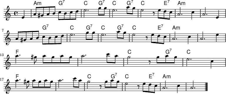 <<
  \new ChordNames \with {
    midiInstrument = "acoustic grand"
  } \chordmode {
    \key a \minor
    \partial 4
    s4
    a2:m g:7
    c2. g4:7
    c2. g4:7
    c2. e4:7
    a2*5:m g2:7
    c2. g4:7
    c2. g4:7
    c2. e4:7
    a1*2:m
    f
    c2. g4:7
    c1
    f1*2
    c2. g4:7
    c2. e4:7
    a1*2:m
  }
  \new Staff \with {
    midiInstrument = "flute"
  } \relative c' {
    \key a \minor
    \partial 4
    e4
    a8 gis a b c b c d
    e2. g8 g
    e2. a8 g
    e2 r8 e d c
    a2. c4 a2. e4 \break
    a8 gis a b c b c d
    e2. g8 g
    e2. a8 g
    e2 r8 e d c
    a2. c4
    a2. e'4 \break
    a4. gis8 a gis a gis
    a2. c8 a
    g2 r8 g a g
    e2. c4 \break
    a'4. gis8 a gis a gis
    a2. c8 a
    g2 r8 g a g
    e2 r8 e d c
    a2. c4
    a2. \bar "|."
  }
>>