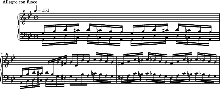 
\version "2.18.2"
\header {
  tagline = ##f
}
upper = \relative c' {
  \clef treble 
  \key g \minor
  \time 4/4
  \tempo 4 = 151
  %\autoBeamOff

   %%Montgeroult — Étude 39 (pdf p. 110)
   
   \change Staff = "lower" \stemUp \repeat unfold 2 { g16 bes d cis d c bes a }
   g16 bes d cis d bes \change Staff = "upper" g' fis g d bes' a c bes a g
   \repeat unfold 2 { fis16 a c b c bes a g }

}

lower = \relative c {
  \clef bass
  \key g \minor
  \time 4/4

   \stemDown \repeat unfold 2 { g16 bes d cis d c bes a }
   g16 bes d cis d bes g' fis g d bes' a c bes a g
   \repeat unfold 2 { fis16 a c b c bes a g }

}

  \header {
    piece = "Allegro con fuoco"
  }

\score {
  \new PianoStaff <<
    \new Staff = "upper" \upper
    \new Staff = "lower" \lower
  >>
  \layout {
    \context {
      \Score
      
    }
  }
  \midi { }
}
