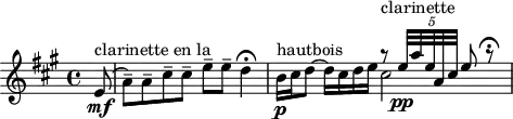 
\version "2.18.2"
\header {
  tagline = ##f
}

\score {
  \new Staff \with {

  }
<<
  \relative c' {
    \key a \major
    \time 4/4
    \tempo 4 = 84
    %\set Staff.midiInstrument = #"clarinet" 
    \override TupletBracket #'bracket-visibility = ##f 

     % thème clarinette/hautbois
     \partial 8 e8\mf(^\markup{clarinette en la} a--) a-- cis-- cis-- e-- e-- d4\fermata 
     b16\p^\markup{hautbois} cis d8~ d16 cis d e << { r8^\markup{  clarinette} \tempo 4 = 56 \times 2/5 { e32[\pp a e a, cis] } e8 r8\fermata } \\ { cis2 } >>

  }
>>
  \layout {
     \context { \Score \remove "Metronome_mark_engraver" }
  }
  \midi {}
}
