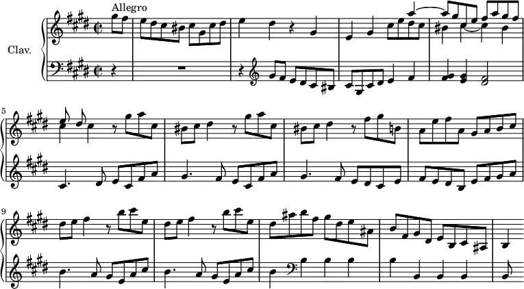 \version "2.18.2"
\header {
  tagline = ##f
  % composer = "Domenico Scarlatti"
  % opus = "K. 246"
  % meter = "Allegro"
}
%% les petites notes
%trillBesp     = { \tag #'print { bes4.\prall } \tag #'midi { c32 bes c bes~ bes4 } }
upper = \relative c'' {
  \clef treble 
  \key cis \minor
  \time 2/2
  \tempo 2 = 76
  \set Staff.midiInstrument = #"harpsichord"
  \override TupletBracket.bracket-visibility = ##f
   \partial 4
      s8*0^\markup{Allegro}
      gis'8 fis | e dis cis bis cis gis cis dis | e4 dis r4 gis,4 | e gis 
      << { s4 a'4~ | a8 gis cis, e fis a gis fis | e dis } \\
      { cis8 e dis cis | bis4 cis~ cis bis | cis cis } >>
      % ms. 5 suite
      \repeat unfold 2 { r8 gis'8 a cis, | bis cis dis4 } r8 fis8 gis b, |
      % ms. 8
      a8 e' fis a, gis a b cis | dis e fis4 r8 b8 cis e, | dis e fis4 r8 b8 cis e, |
      % ms. 11
      dis8 ais' b fis gis dis e ais, | b fis gis dis e b cis ais | b4 
      % ms. 14
      
}
lower = \relative c' {
  \clef bass
  \key cis \minor
  \time 2/2
  \set Staff.midiInstrument = #"harpsichord"
  \override TupletBracket.bracket-visibility = ##f
    % ************************************** \appoggiatura a16  \repeat unfold 2 {  } \times 2/3 { }   \omit TupletNumber 
      r4 | R1 | r4   \clef treble  gis'8 fis e dis cis bis | cis gis cis dis e4 fis |
      % ms. 4
      < fis gis >4 < e gis > < dis fis >2 | cis4. dis8 e cis fis a | gis4. fis8 e cis fis a | gis4. fis8 e dis cis e |
      % ms. 8
      fis8 e dis b e fis gis a | \repeat unfold 2 { b4. a8 gis e a cis } | 
      % ms. 11
      b4   \clef bass b, b b | b b, b b | b8
      % ms. 14
      
}
thePianoStaff = \new PianoStaff <<
    \set PianoStaff.instrumentName = #"Clav."
    \new Staff = "upper" \upper
    \new Staff = "lower" \lower
  >>
\score {
  \keepWithTag #'print \thePianoStaff
  \layout {
      #(layout-set-staff-size 17)
    \context {
      \Score
     \override SpacingSpanner.common-shortest-duration = #(ly:make-moment 1/2)
      \remove "Metronome_mark_engraver"
    }
  }
}
\score {
  \keepWithTag #'midi \thePianoStaff
  \midi { }
}